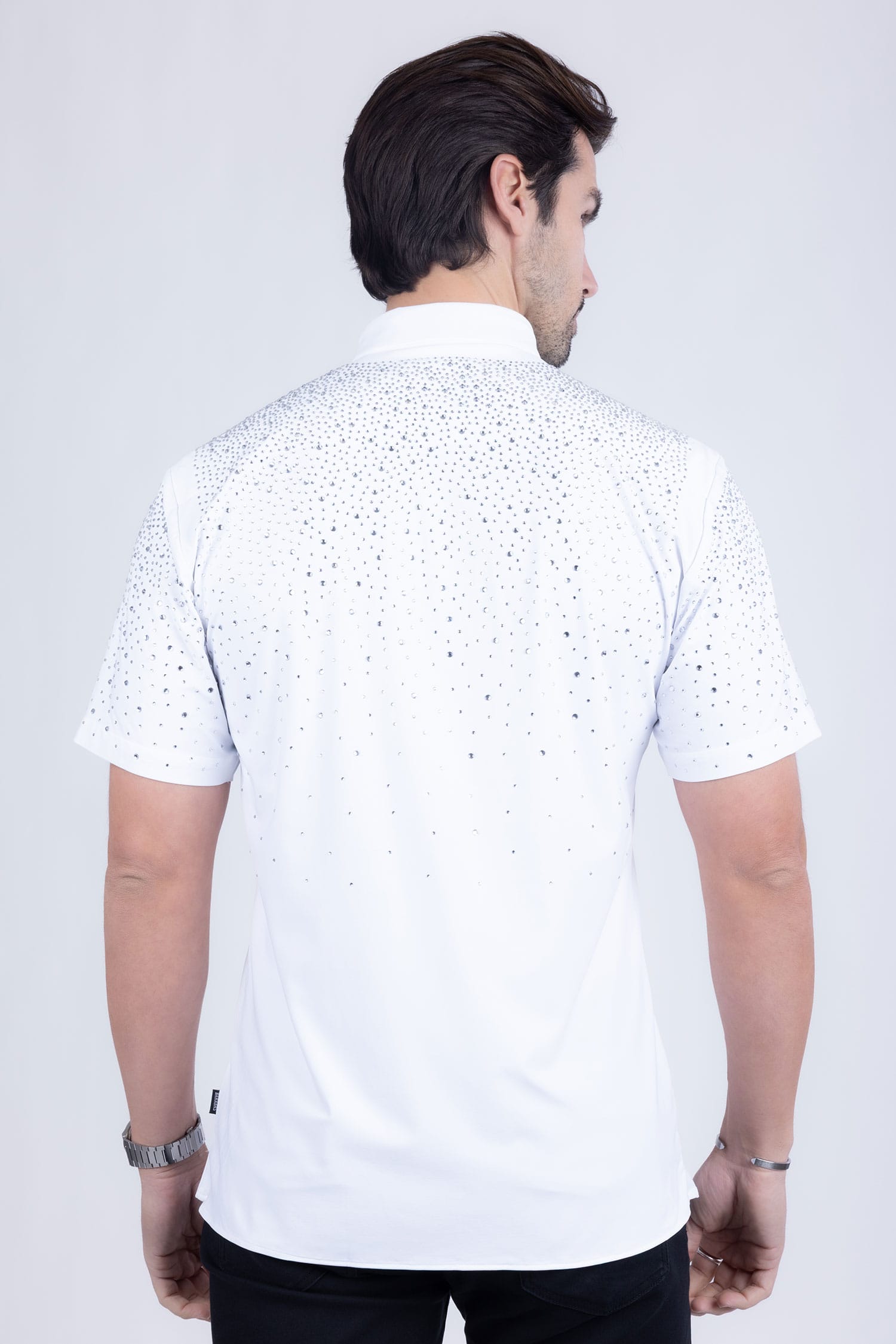 Barabas Men's Rhinestones Button Down Short Sleeve Shirts 4SST06 White Silver