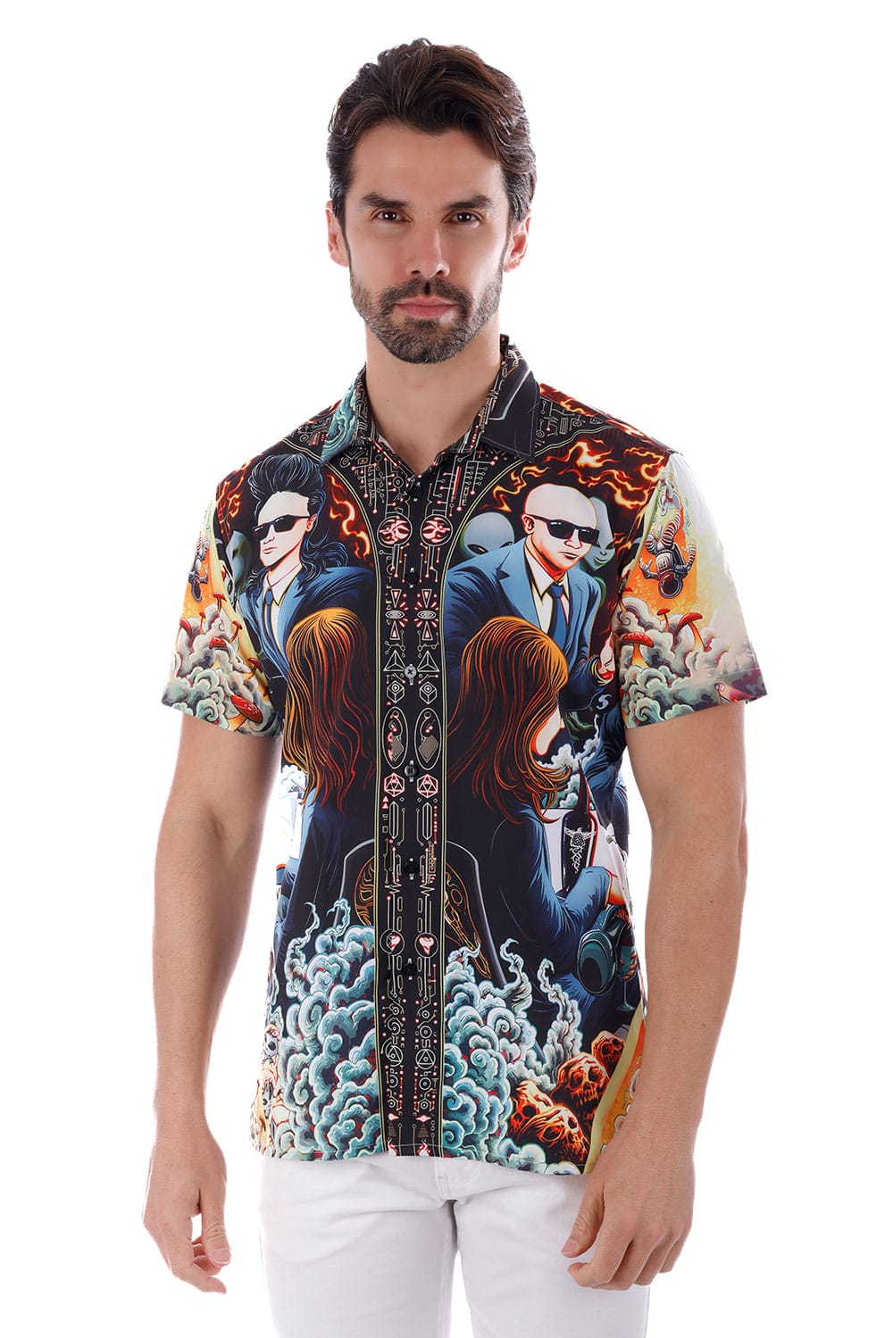 BARABAS Men's Comic Science Fiction Printed Short Sleeve Shirts 4sst36
