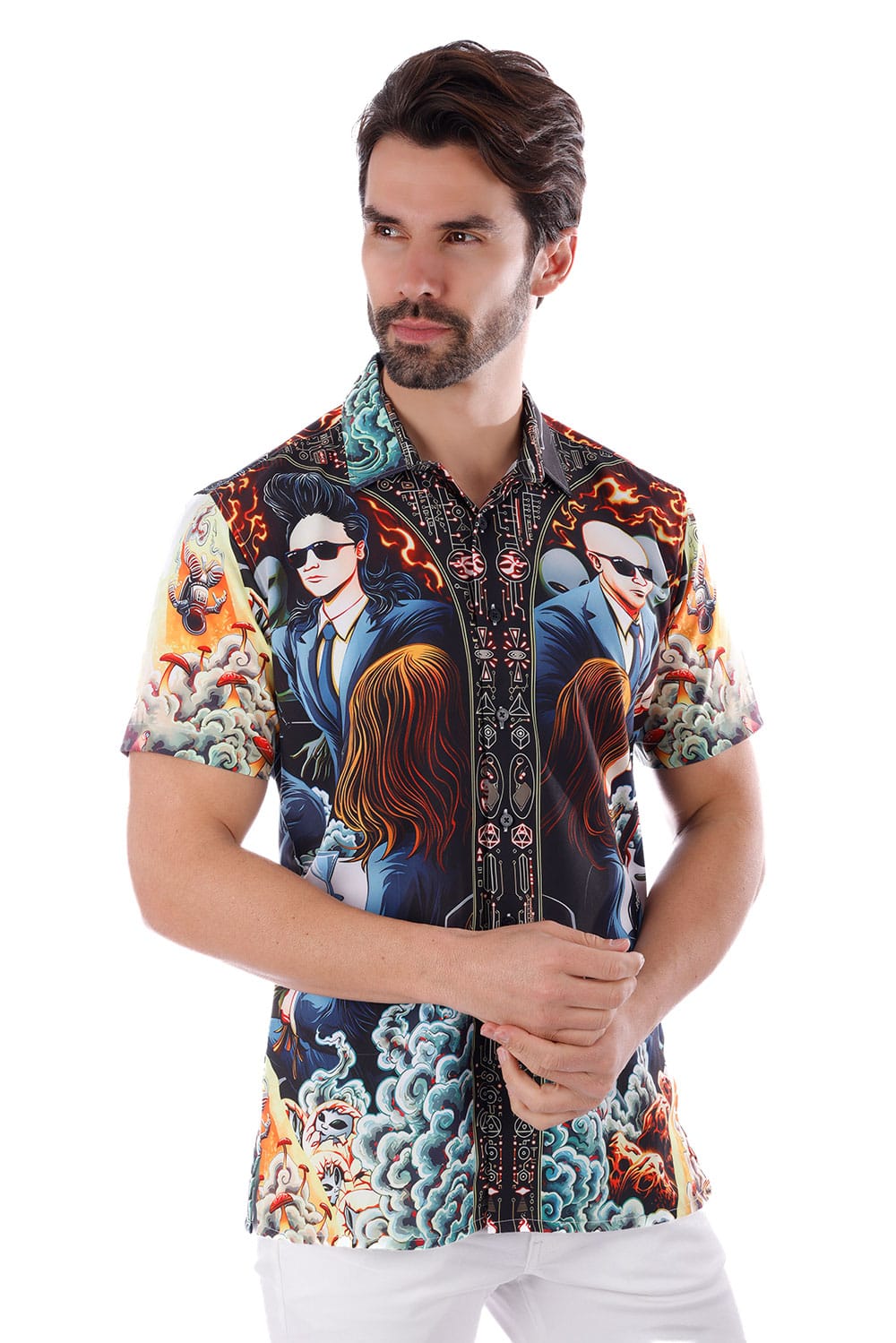 BARABAS Men's Comic Science Fiction Printed Short Sleeve Shirts 4sst36
