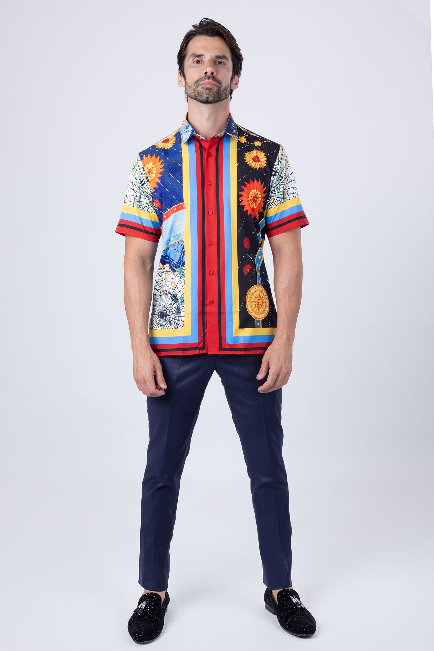 Barabas Men's Floral Zodiac Sign Lion Short Sleeve Shirts 4SST38