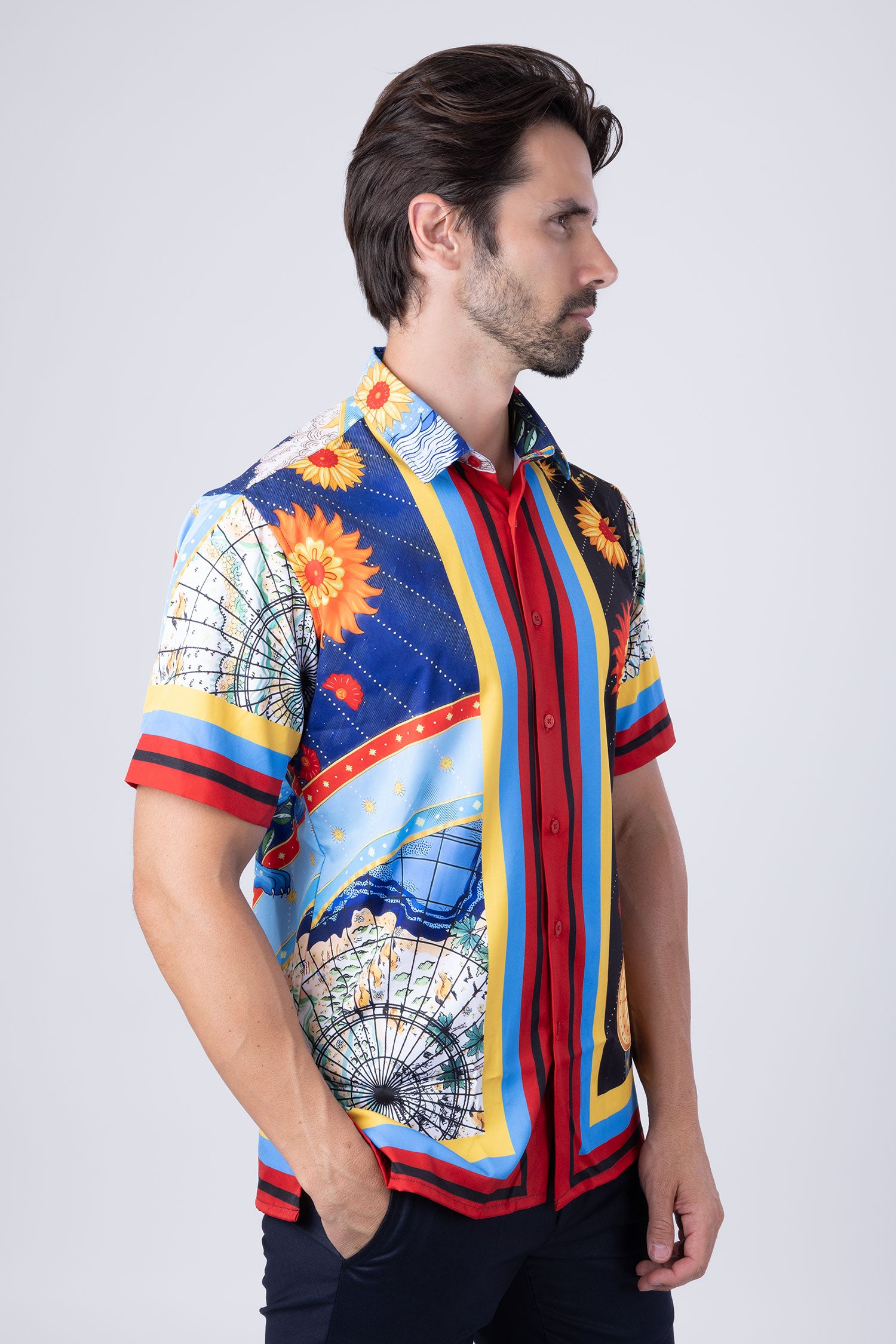 Barabas Men's Floral Zodiac Sign Lion Short Sleeve Shirts 4SST38