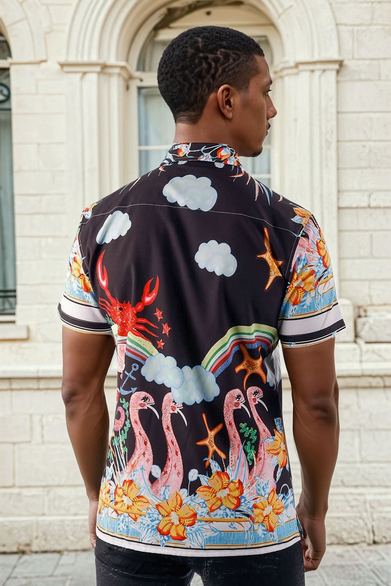 BARABAS Men's Floral Ocean Nature Striped Short Sleeve Shirts 4sst39