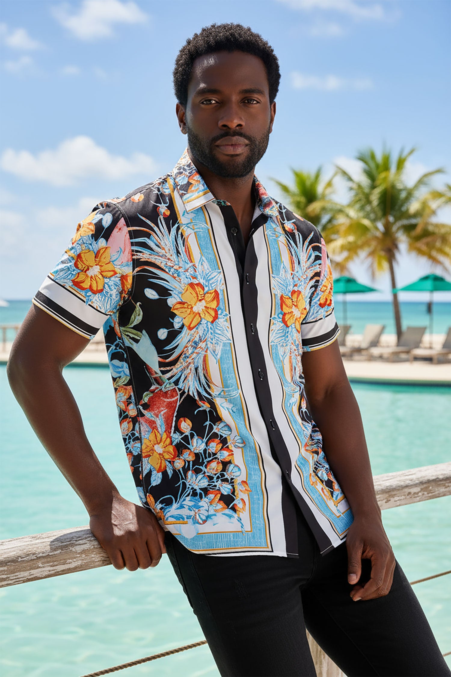 BARABAS Men's Floral Ocean Nature Striped Short Sleeve Shirts 4sst39