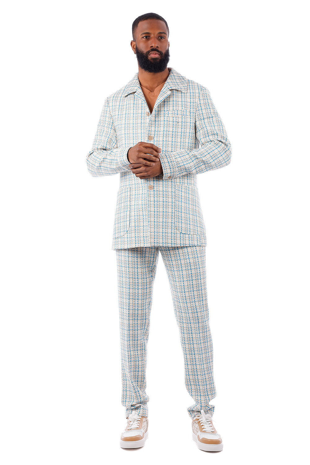 Barabas Men's Geometric Pattern Wool Collared Suit Set 4SU07 Blue