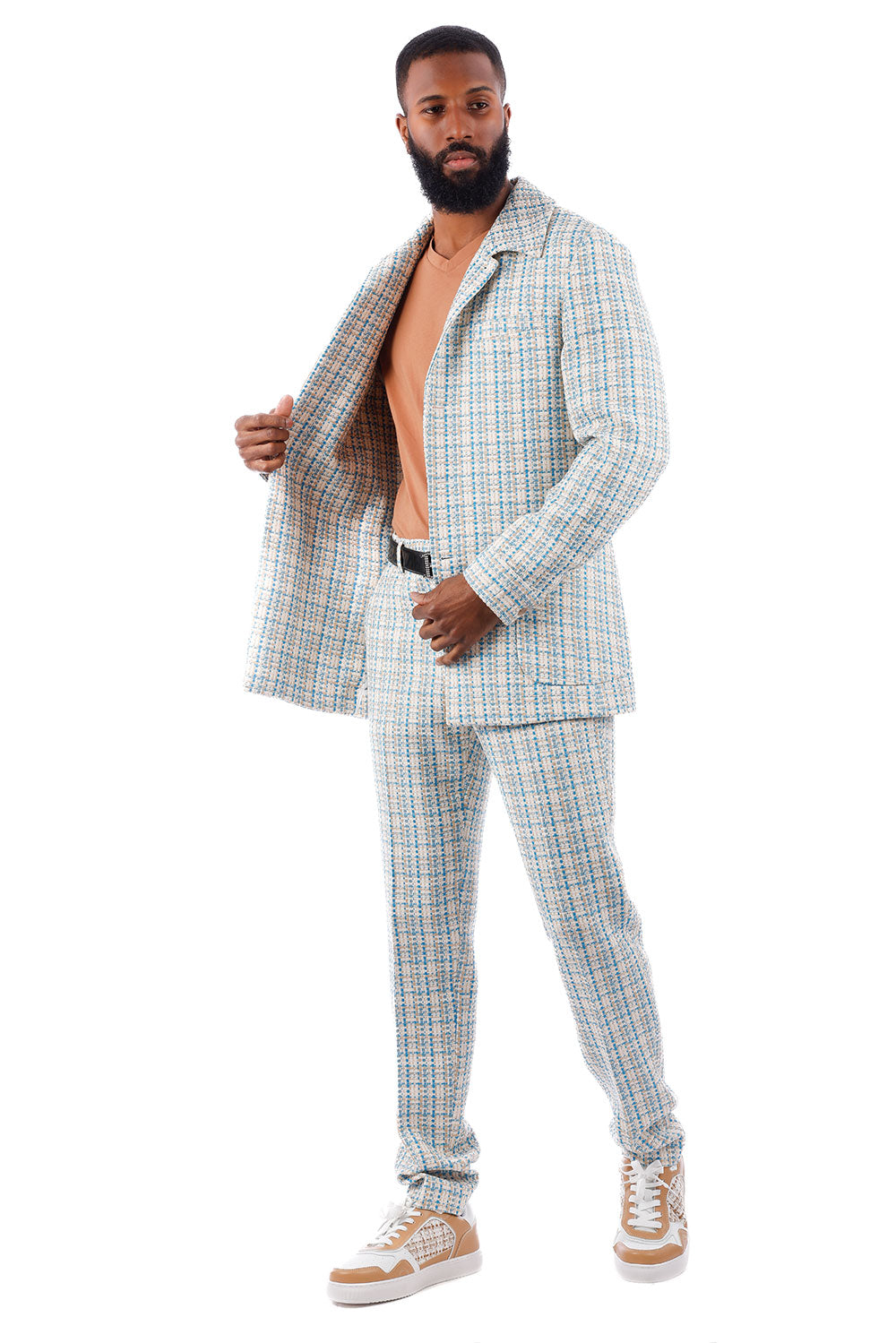 Barabas Men's Geometric Pattern Wool Collared Suit Set 4SU07 Blue