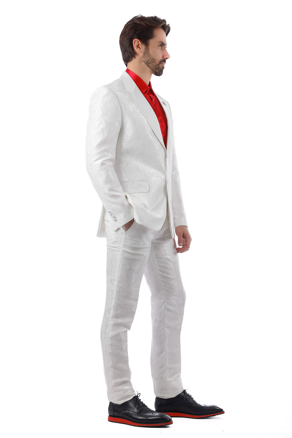BARABAS Men's Paisley Pattern Peak Lapel Formal Suit 4SU08 White
