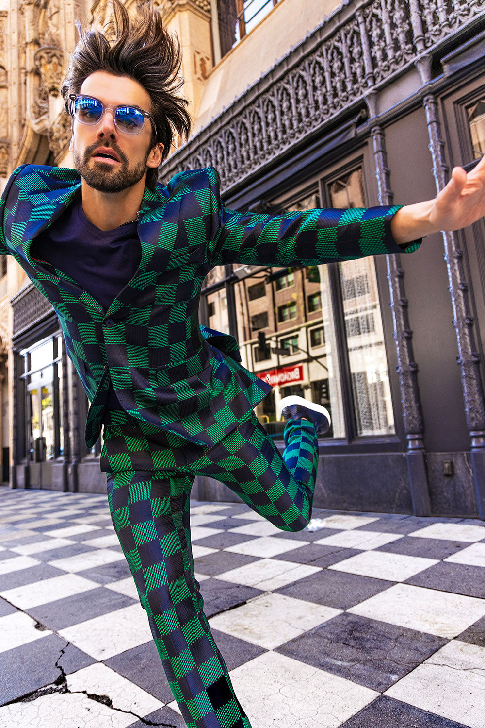 BARABAS Men's Checkered Pattern Peak Lapel Suit 4SU09 Navy Green