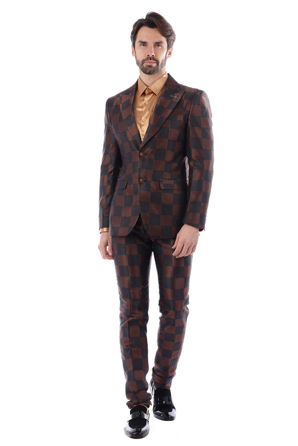 BARABAS Men's Checkered Pattern Peak Lapel Suit 4SU09 Coffee Black
