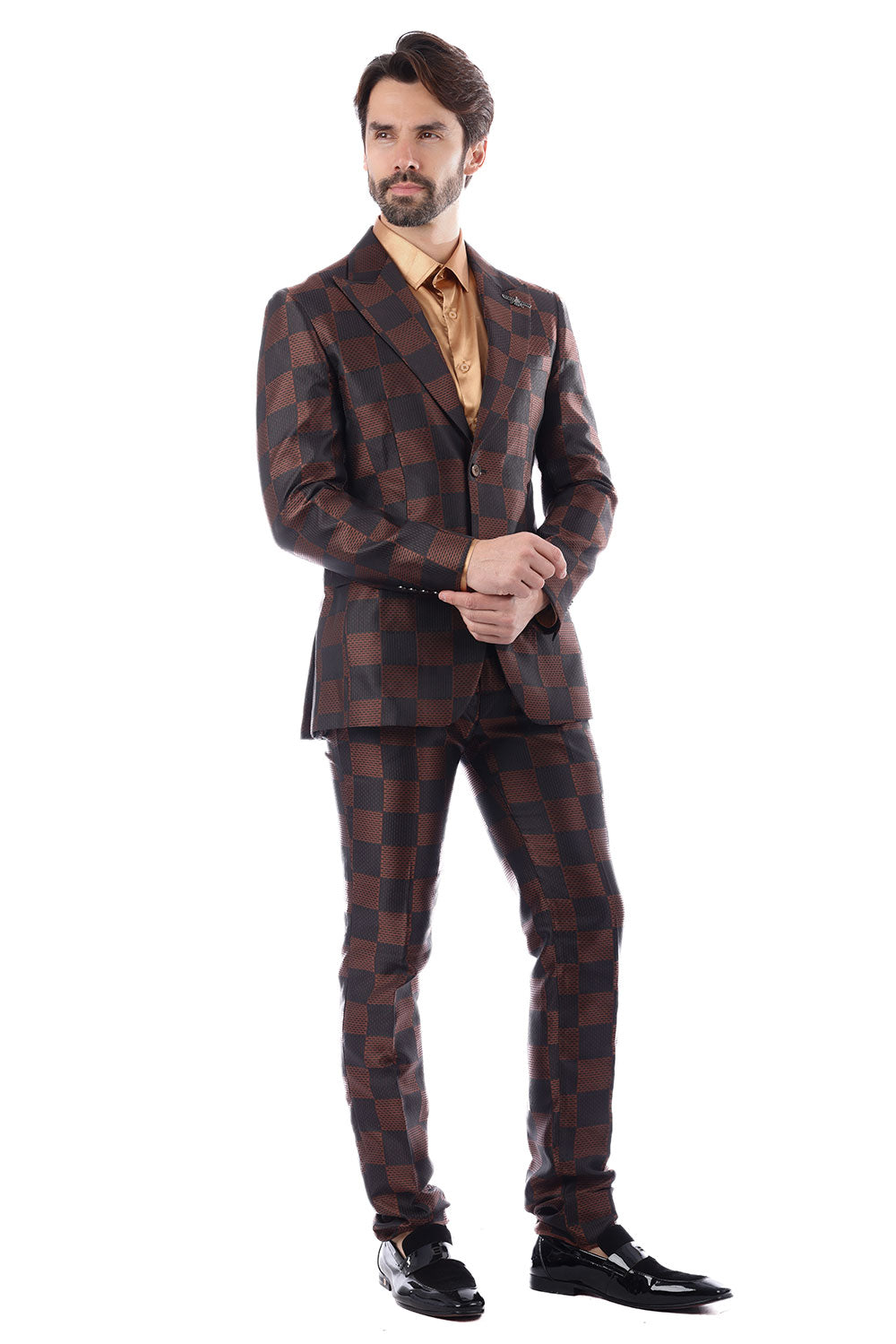 BARABAS Men's Checkered Pattern Peak Lapel Suit 4SU09 Coffee 
