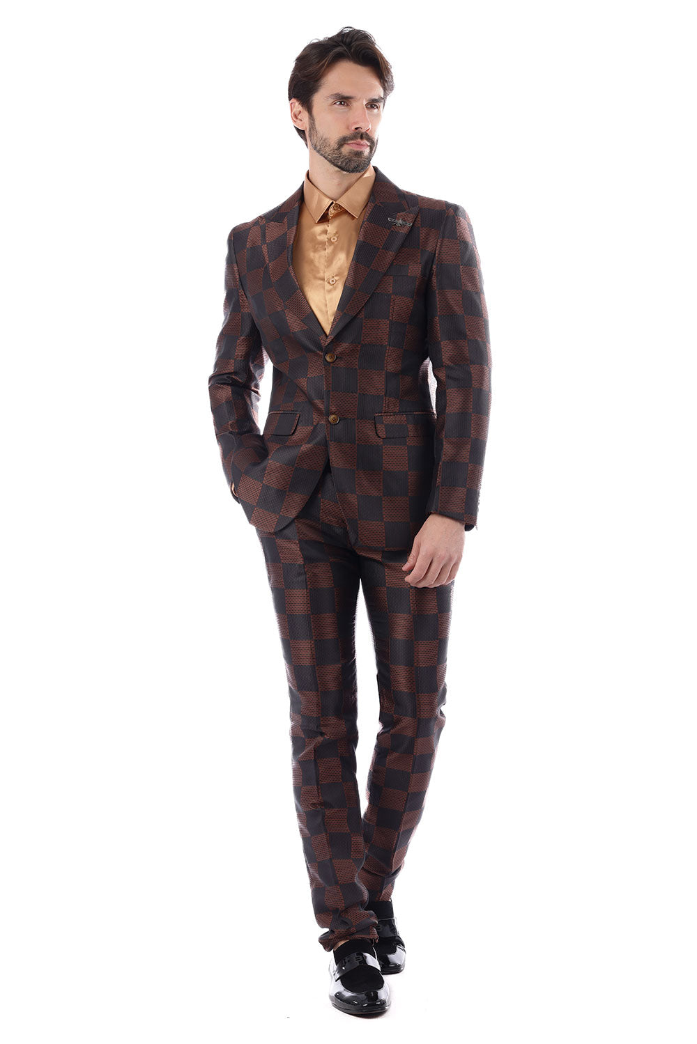 BARABAS Men's Checkered Pattern Peak Lapel Suit 4SU09 Black