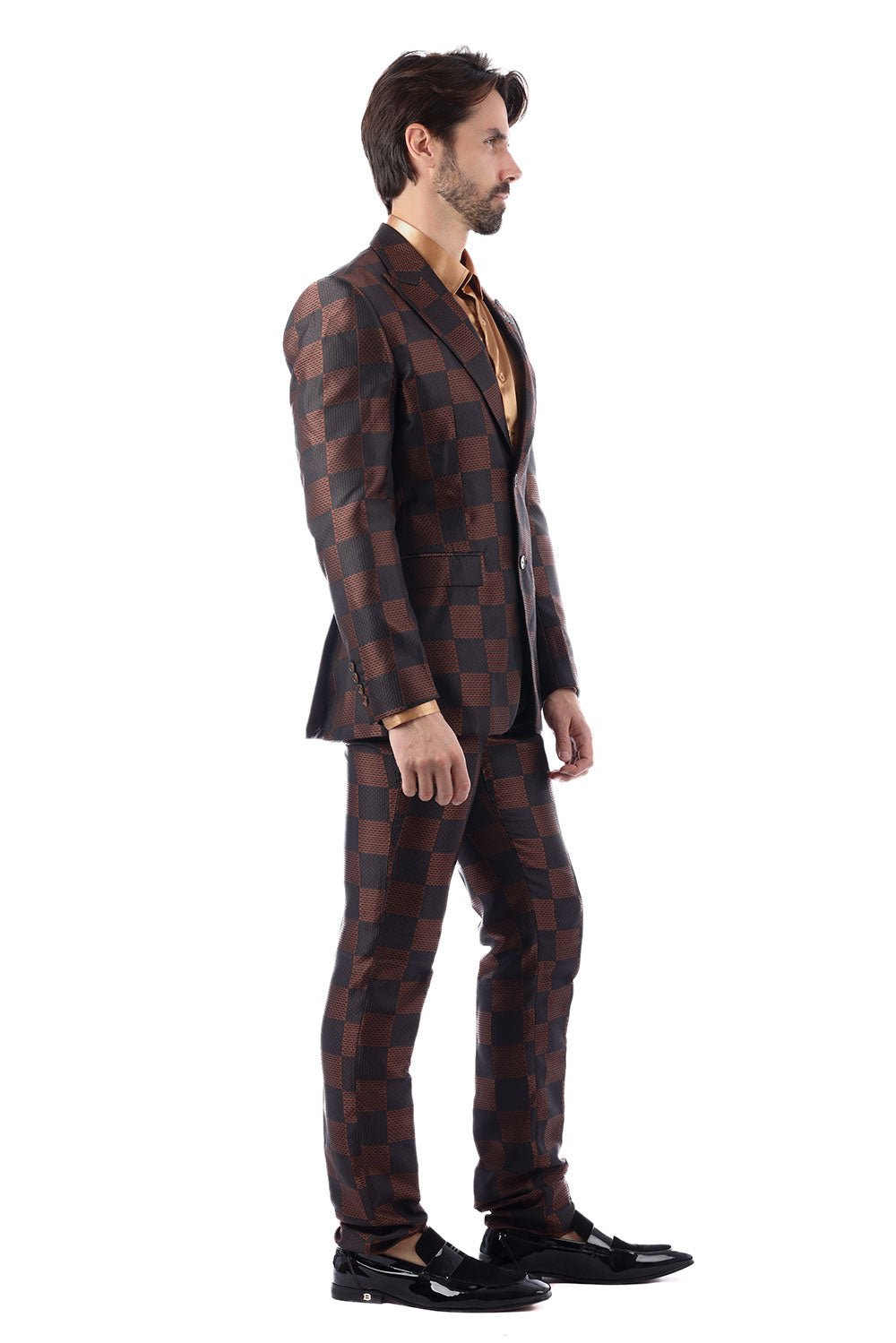 BARABAS Men's Checkered Pattern Peak Lapel Suit 4SU09 Brown