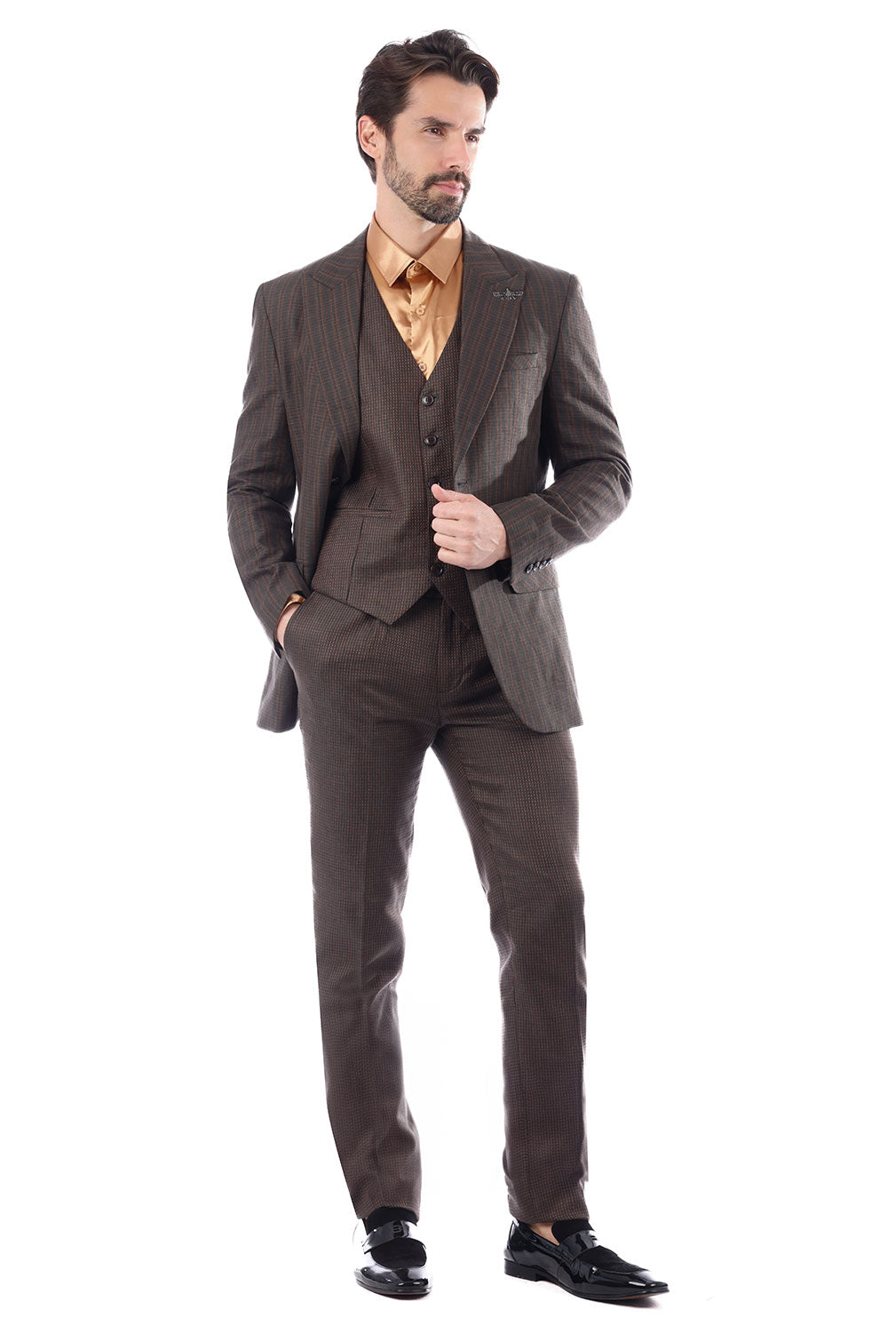BARABAS Men's Geometric Pattern Linen Peak Lapel Vest Suit 4SU10 Black