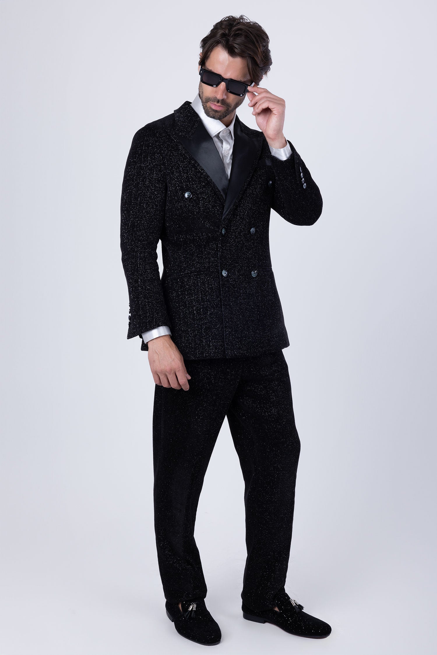 Barabas Men's Glitter Pattern Shiny Peak Lapel Suit Set 4SU22 Black