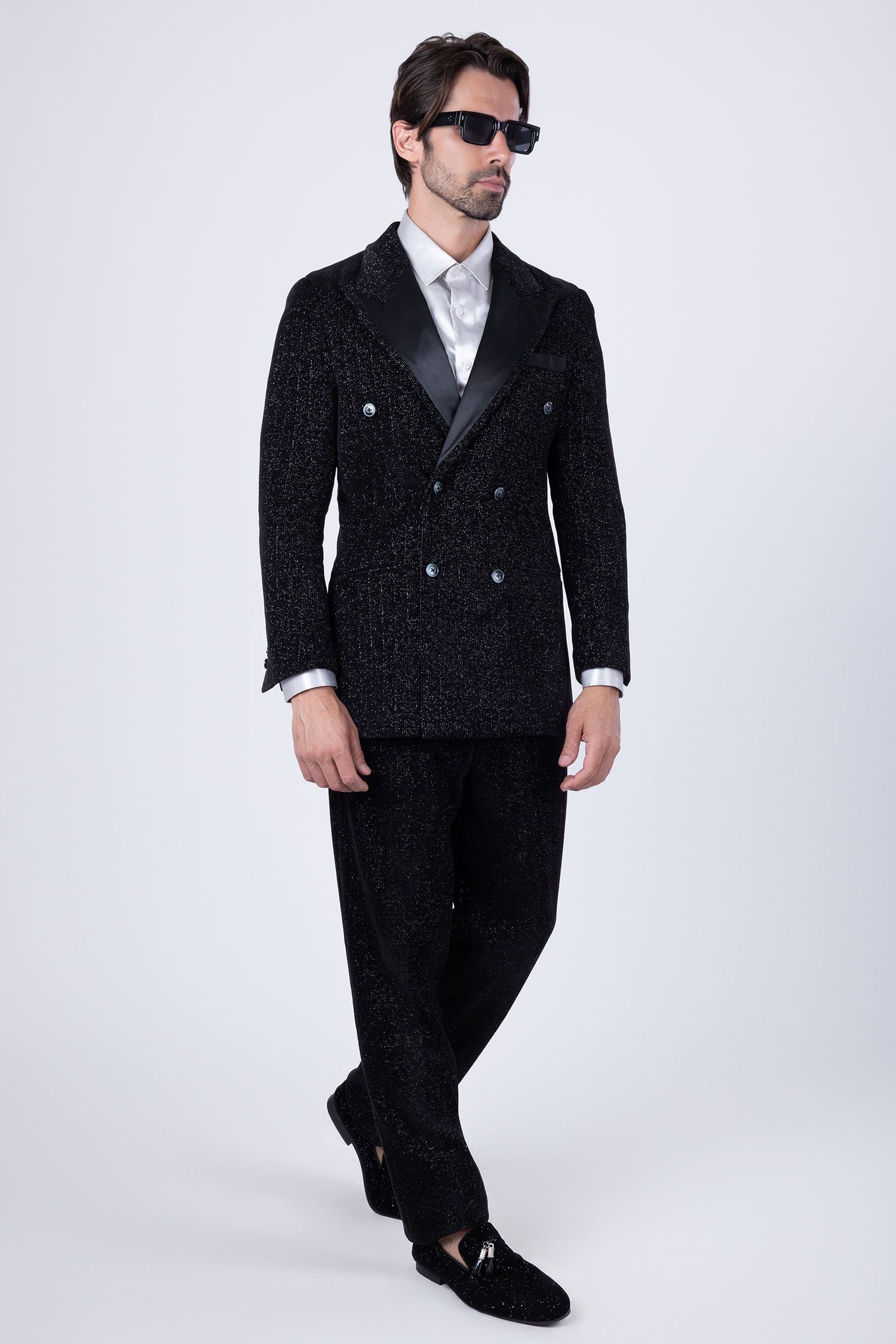 Barabas Men's Glitter Pattern Shiny Peak Lapel Suit Set 4SU22 Black