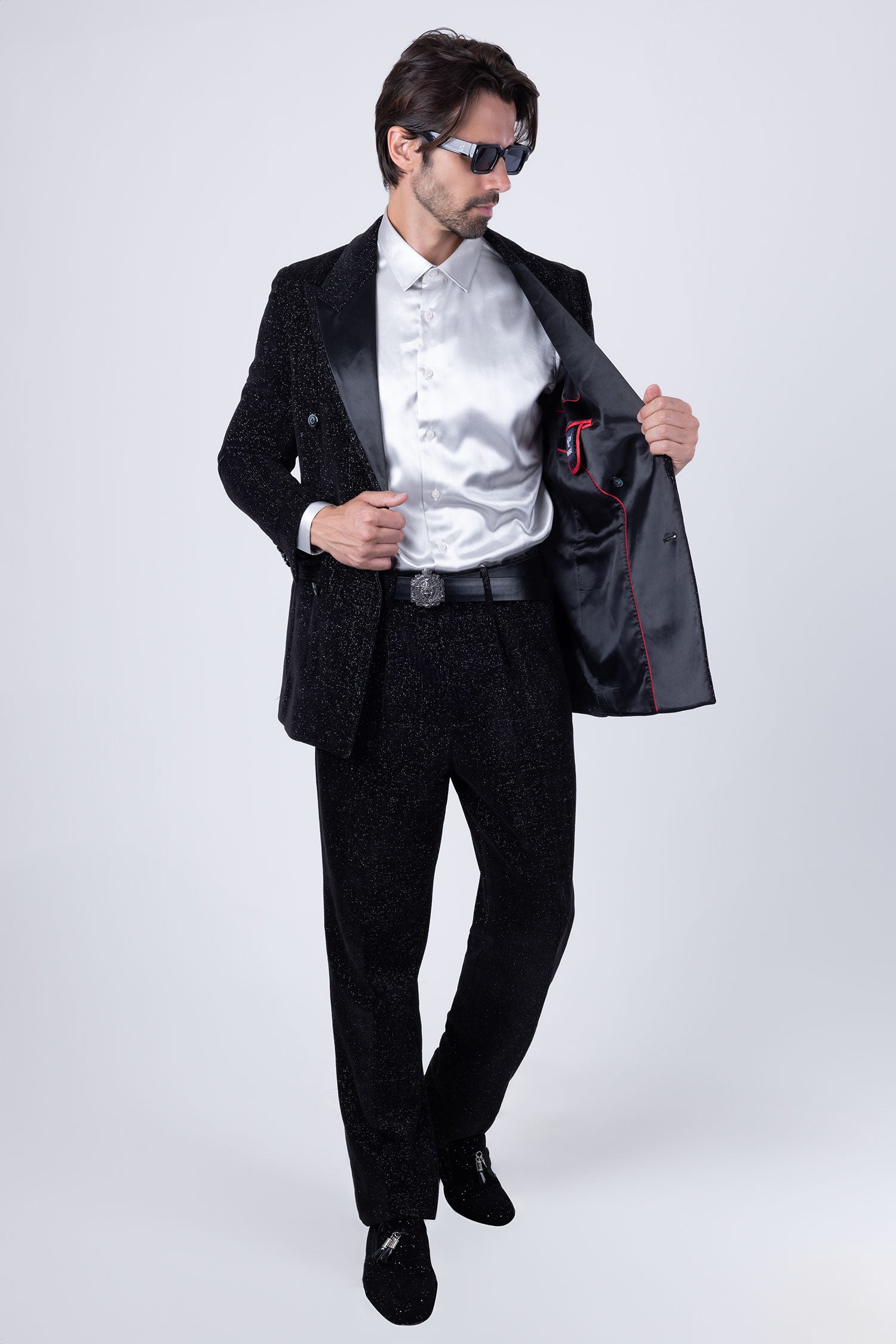 Barabas Men's Glitter Pattern Shiny Peak Lapel Suit Set 4SU22 Black