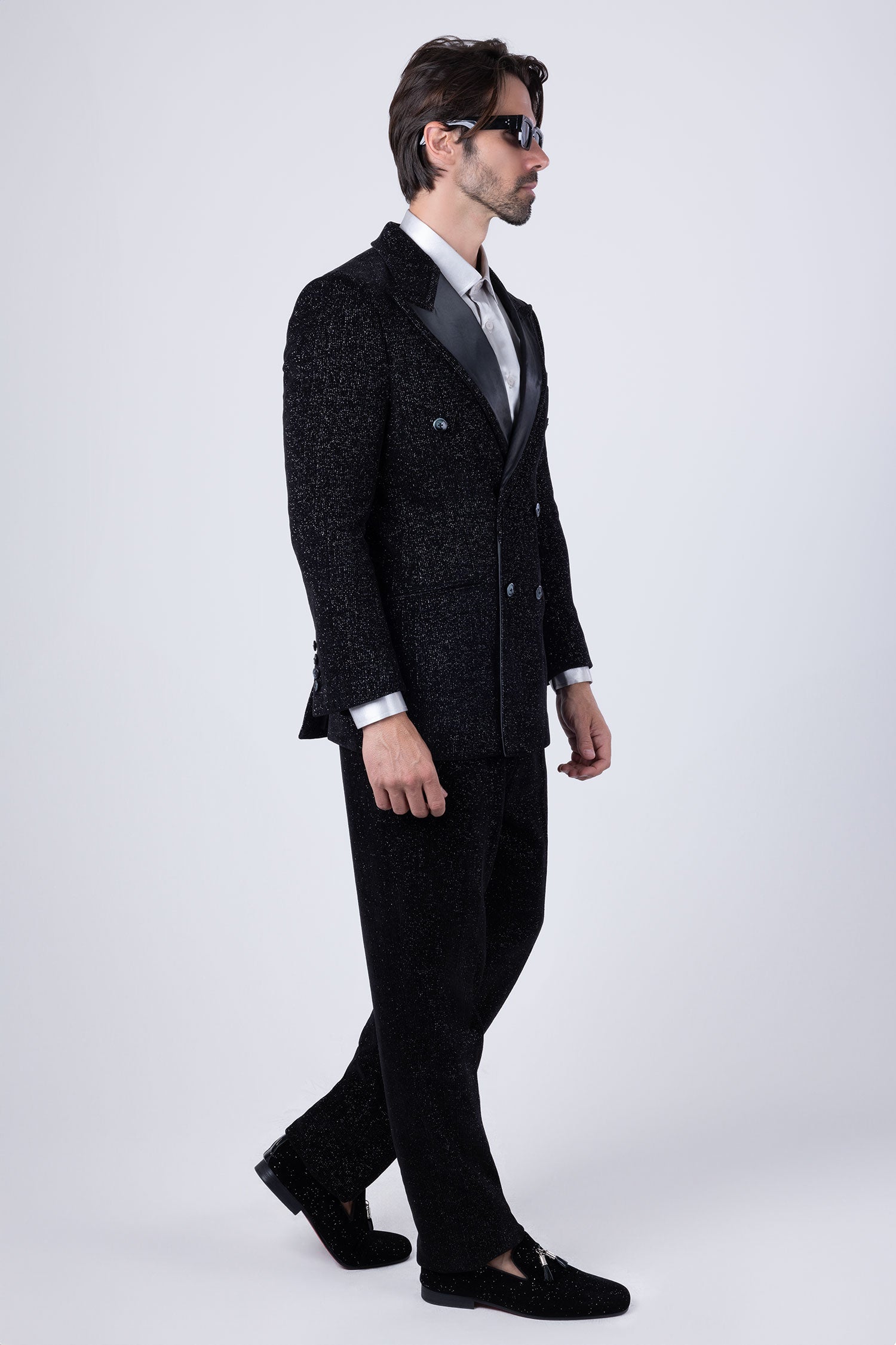 Barabas Men's Glitter Pattern Shiny Peak Lapel Suit Set 4SU22 Black