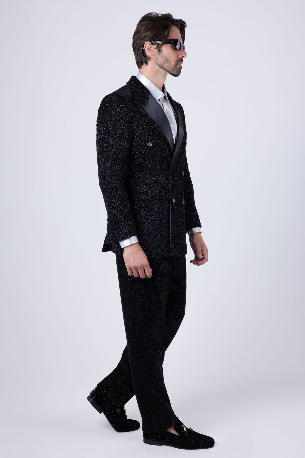 Barabas Men's Glitter Pattern Shiny Peak Lapel Suit Set 4SU22 Black
