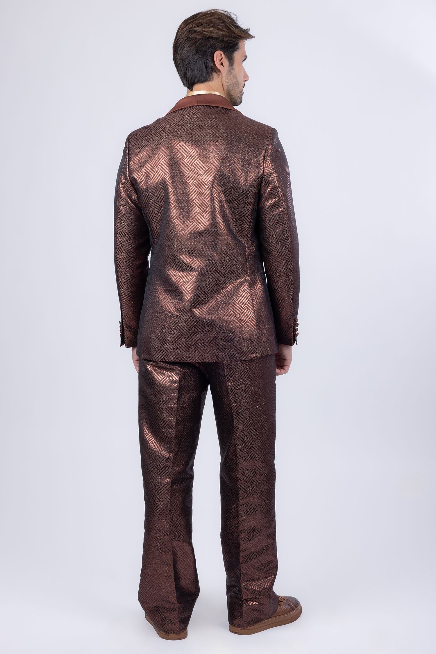 Barabas Men's Shiny Geometric Shawl Lapel Suit Baggy pants 4SU31 Brown