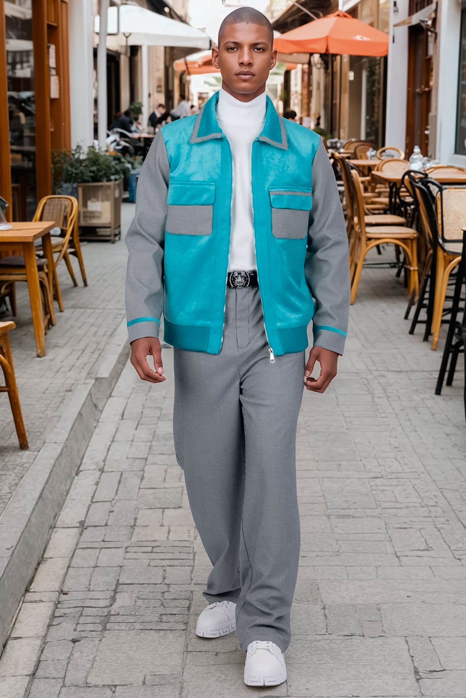 Barabas Men's Geometric Pattern Full Zip Collared Suede Suit 4SU32 Grey