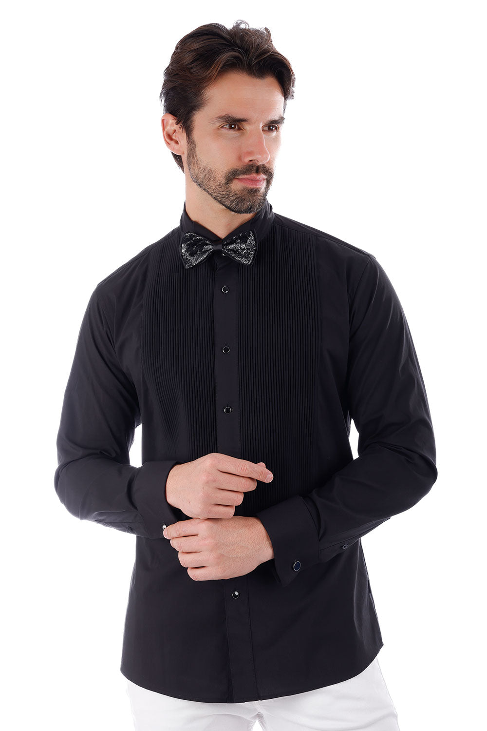 BARABAS Men's Tuxedo Wing Collar French Cuffs Long Sleeve Shirt 4txs02 Black