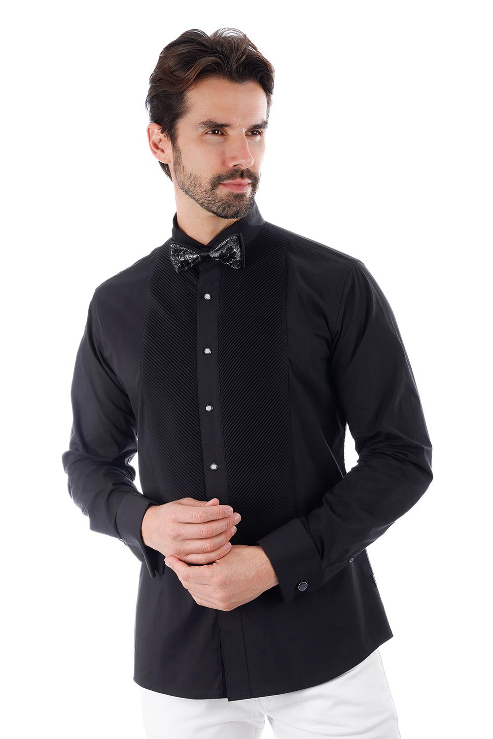 BARABAS Men's Tuxedo Wing Collar Button Down Long Sleeve Shirt 4txs03 #Color_Black