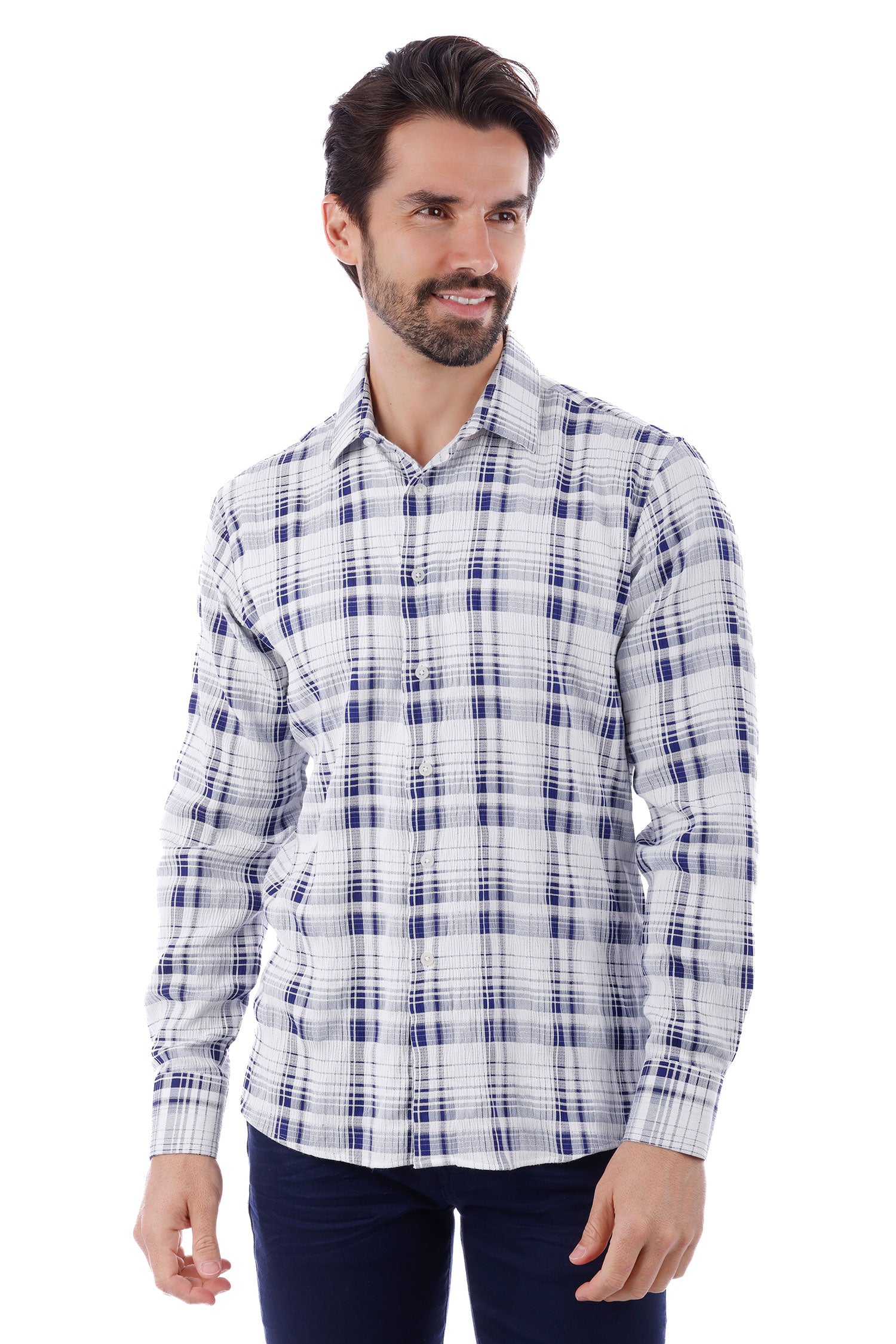 Barabas Men's Plaid Checkered Button Down Long Sleeve Shirts 4B49 White Navy