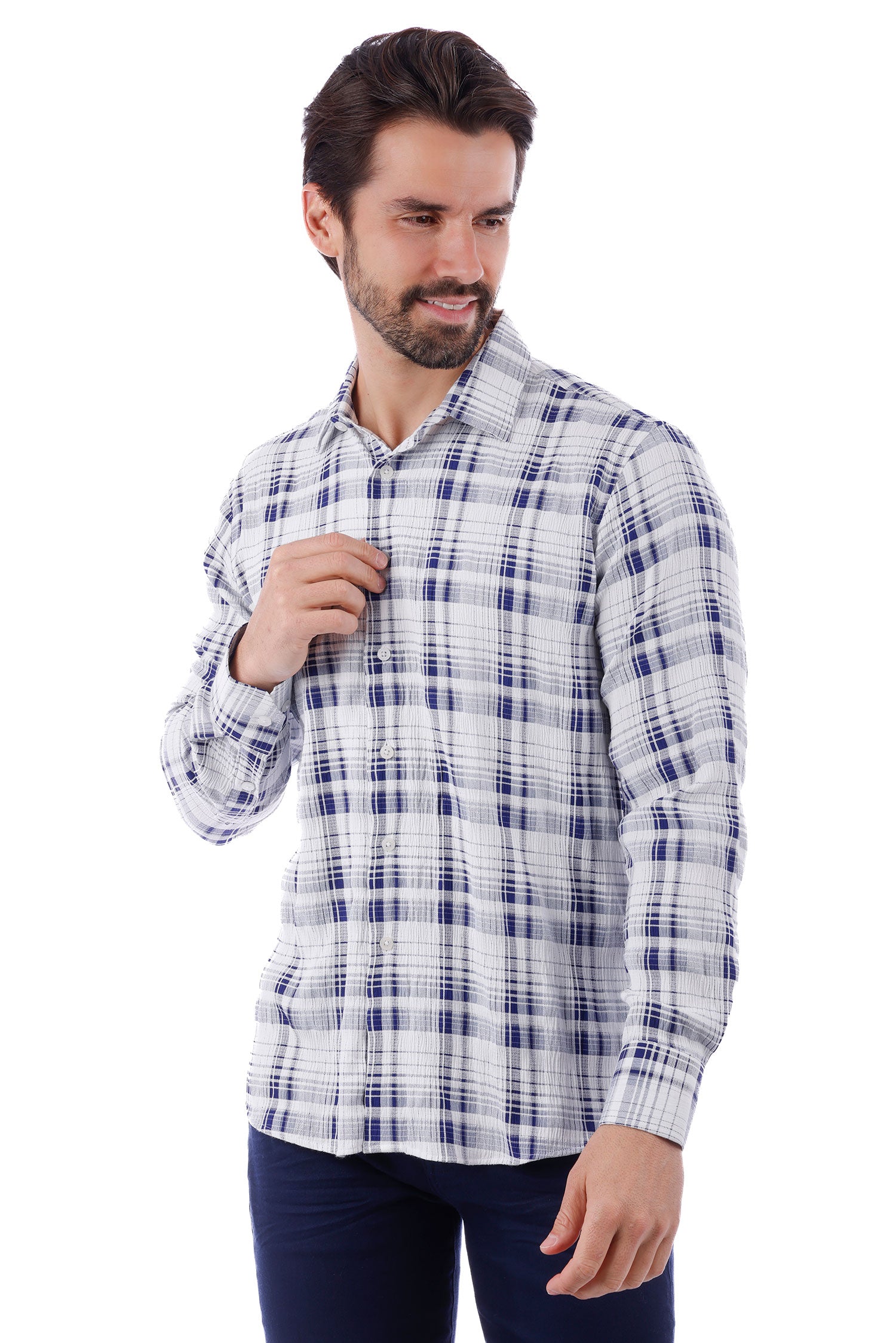 Barabas Men's Plaid Checkered Button Down Long Sleeve Shirts 4B49 White Navy