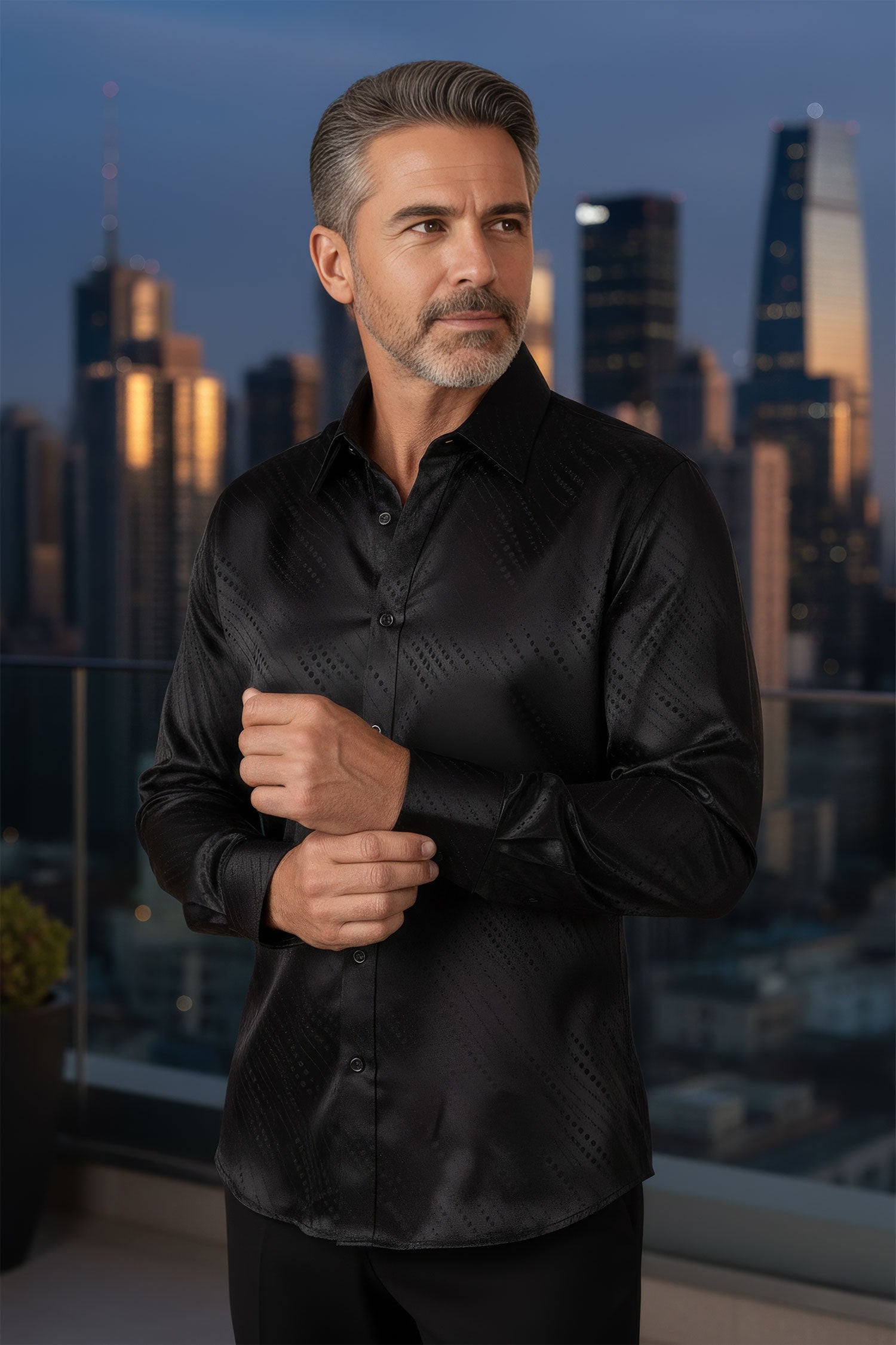 Barabas Men's Symmetrical Circular Pattern Long Sleeve Shirts 4B56 Black