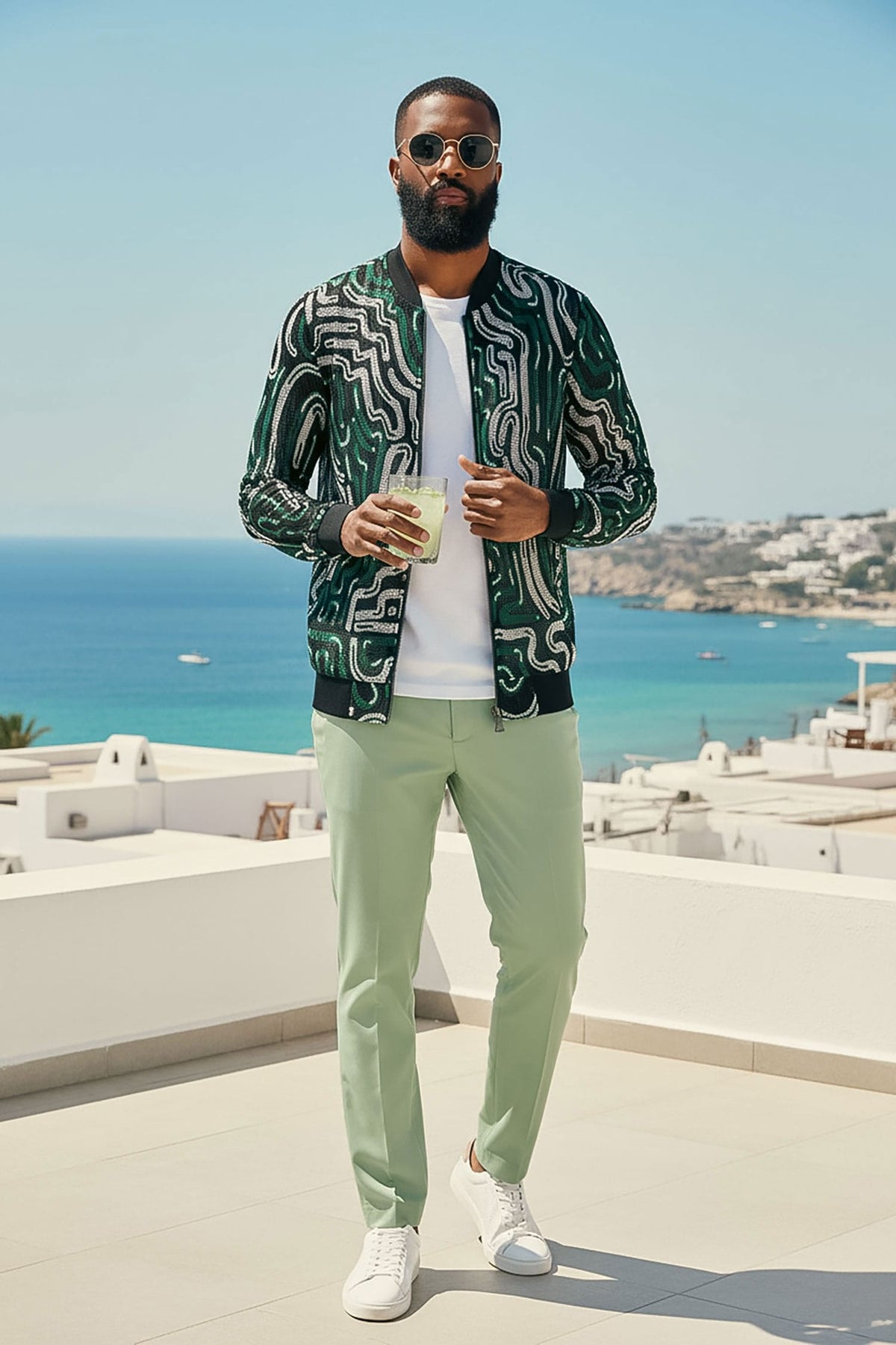 Barabas Men's Geometric See Through Stretch Bomber Jacket 4BPS05 #Color_Black Green
