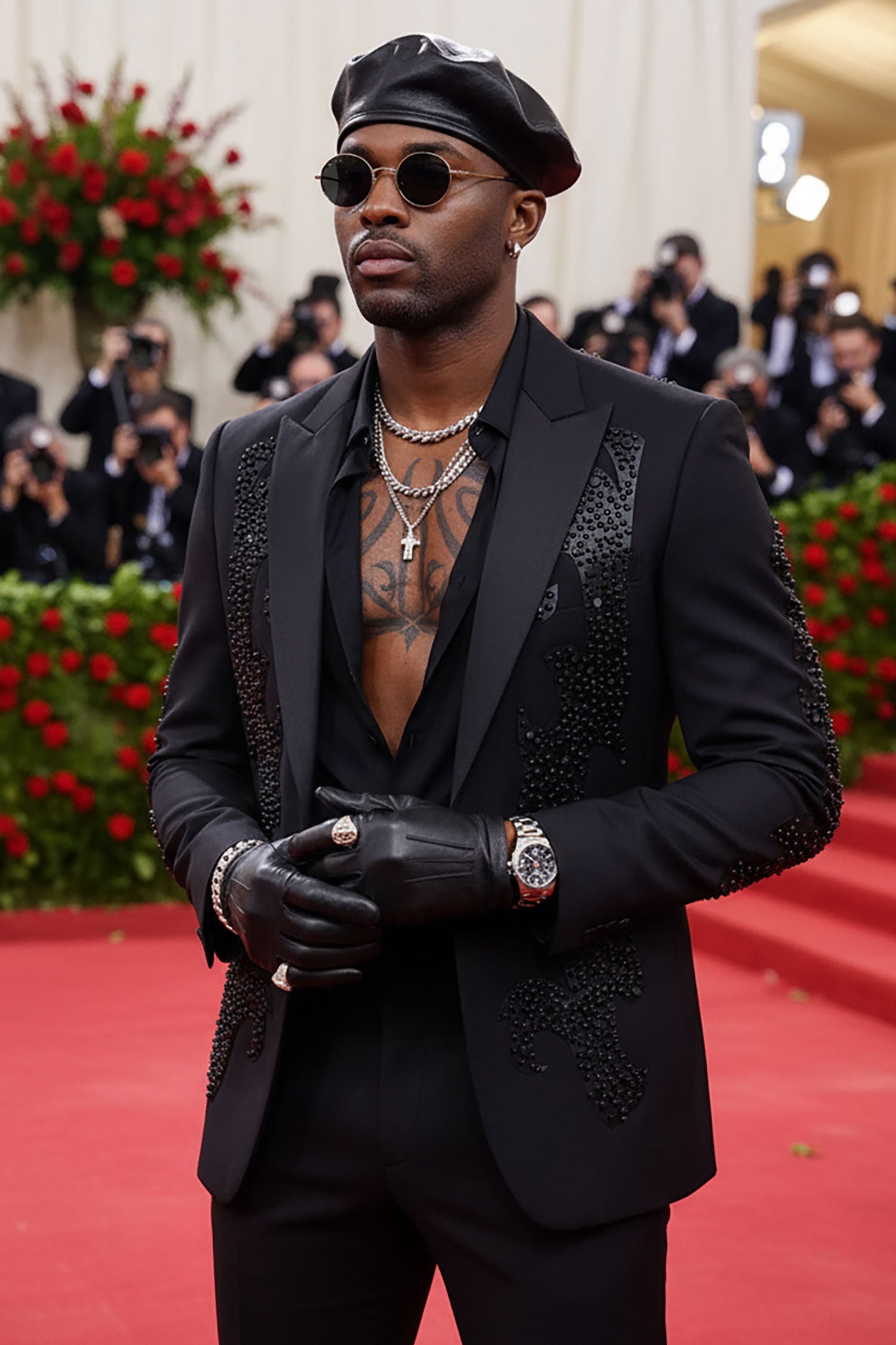 BARABAS Men's Jewels Studded Rhinestone Peak Lapel Blazer 4EBL35 Black