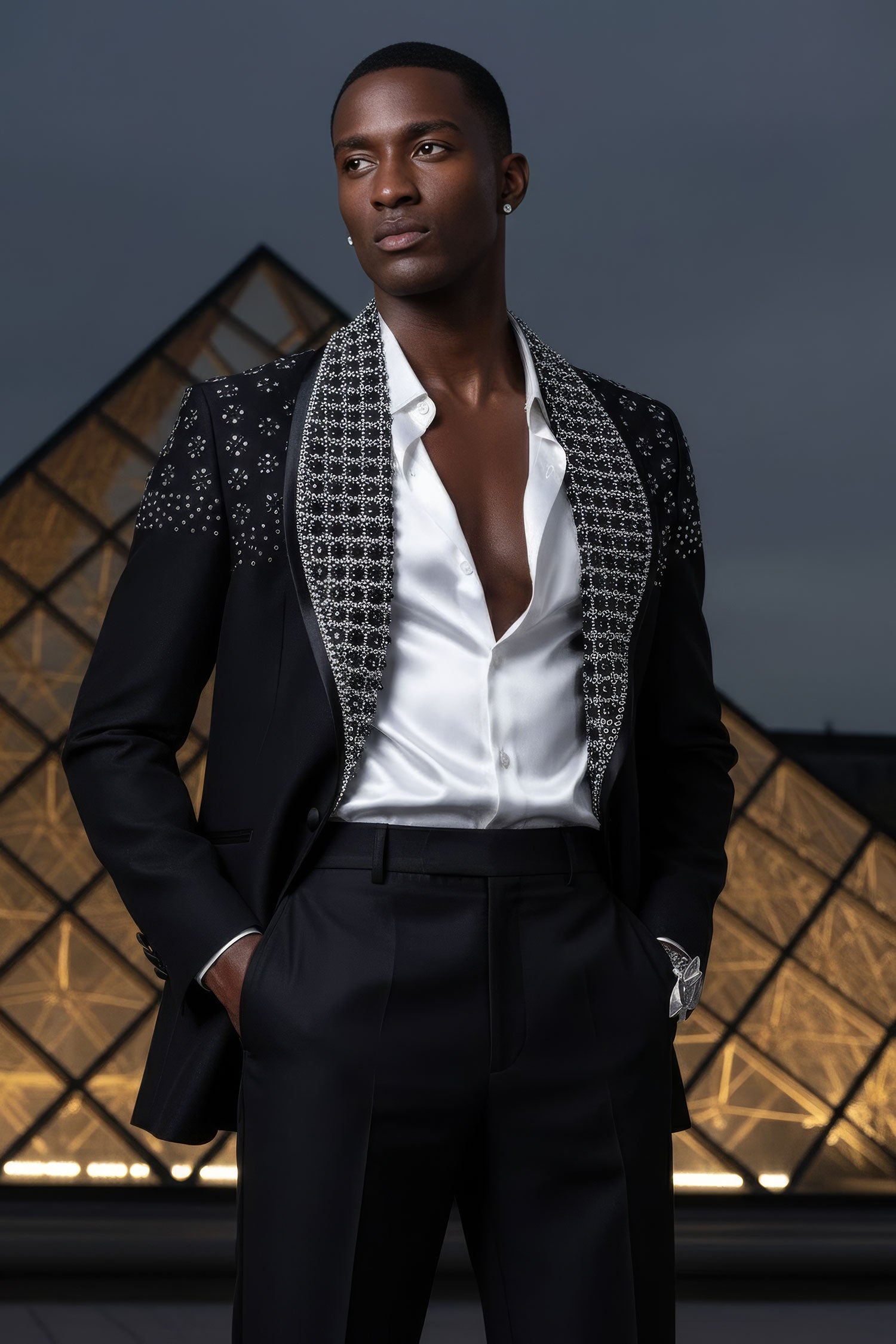 Barabas Men's Floral Pattern Rhinestone Shawl Lapel Blazer 4EBL46 Silver