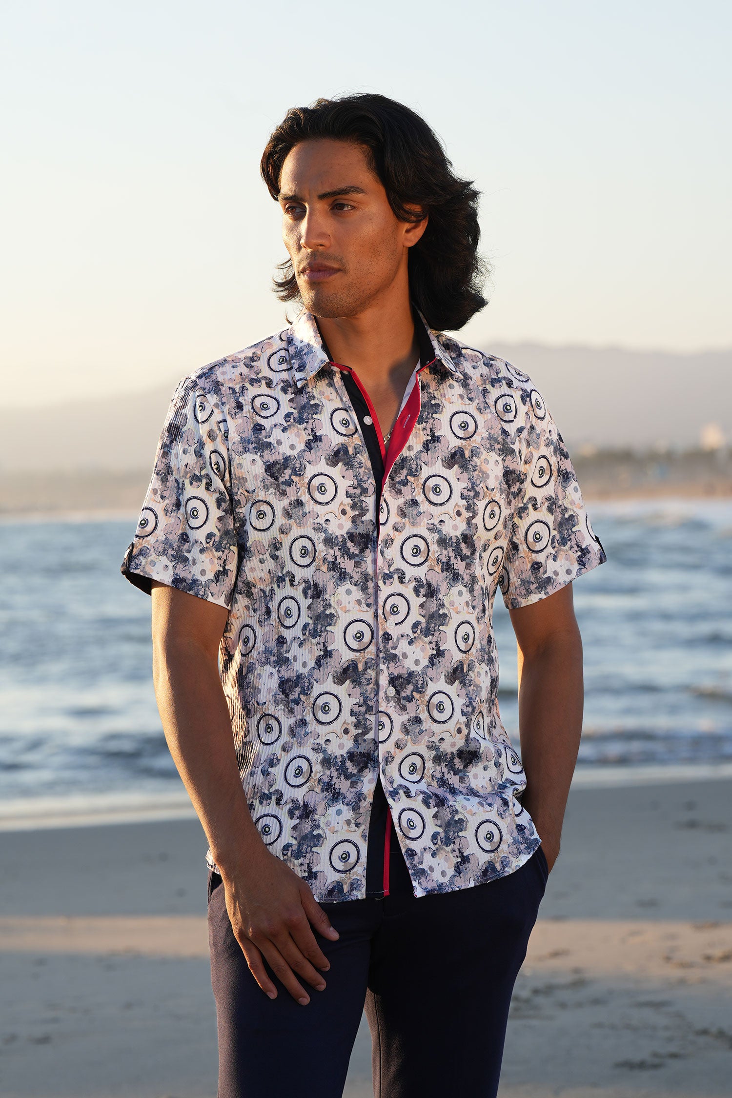 Barabas Men's Geometric Stretch Button Down Short Sleeve Shirts 4SST23 Navy