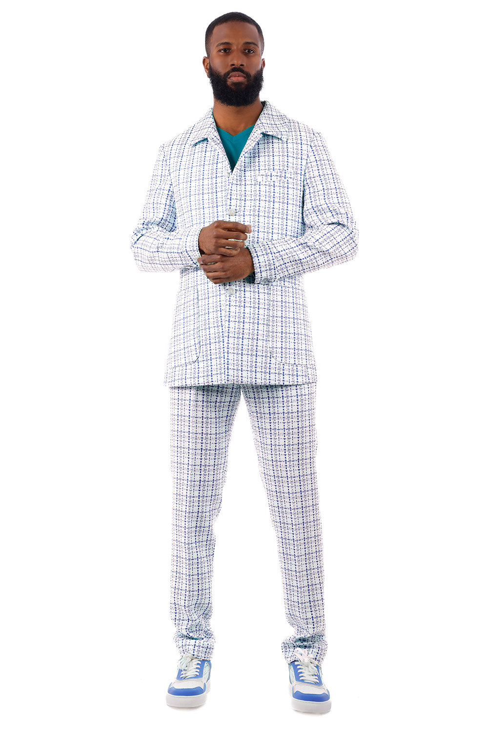 Barabas Men's Geometric Pattern Wool Collared Suit Set 4SU07 White Blue