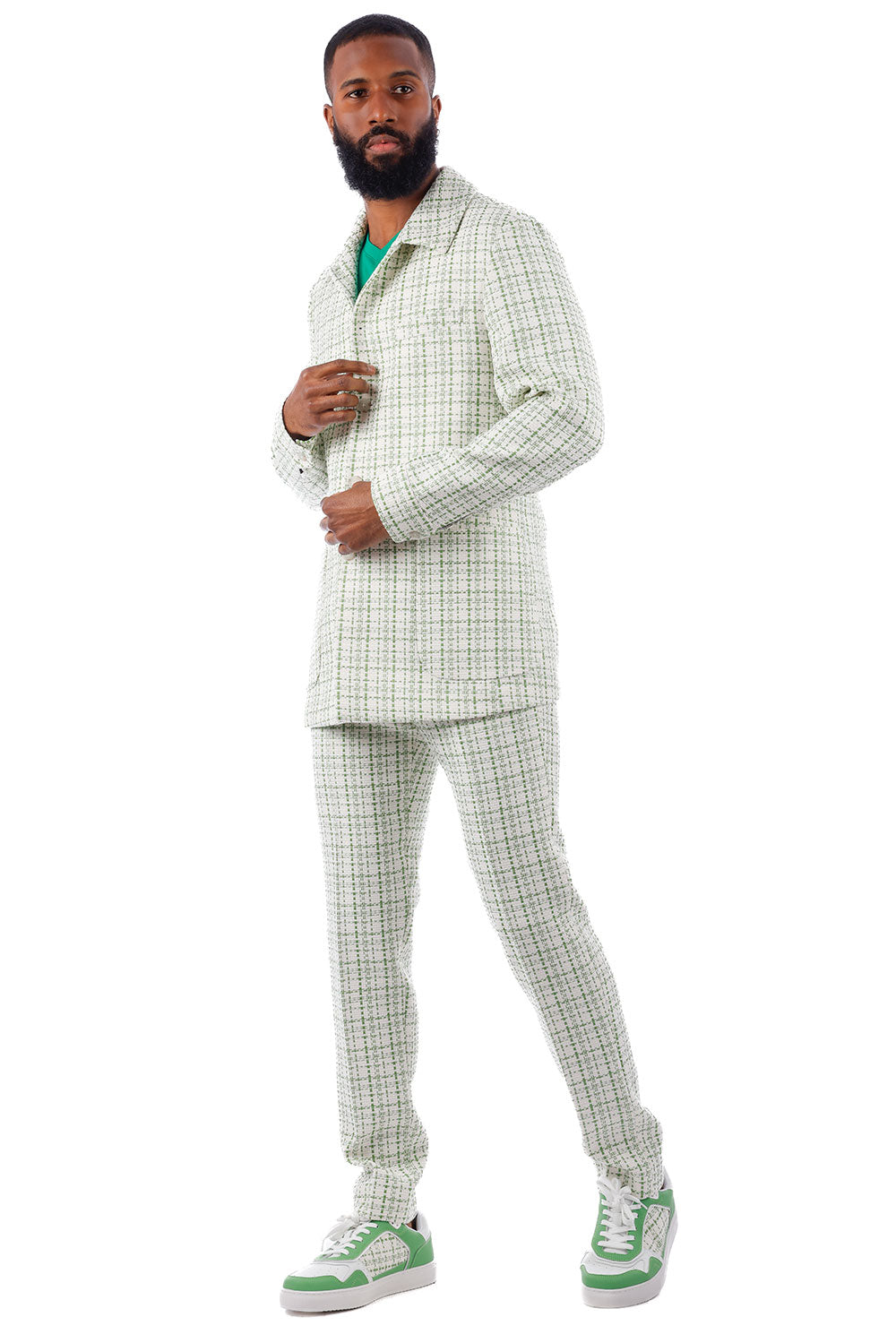 Barabas Men's Geometric Pattern Wool Collared Suit Set 4SU07 Green