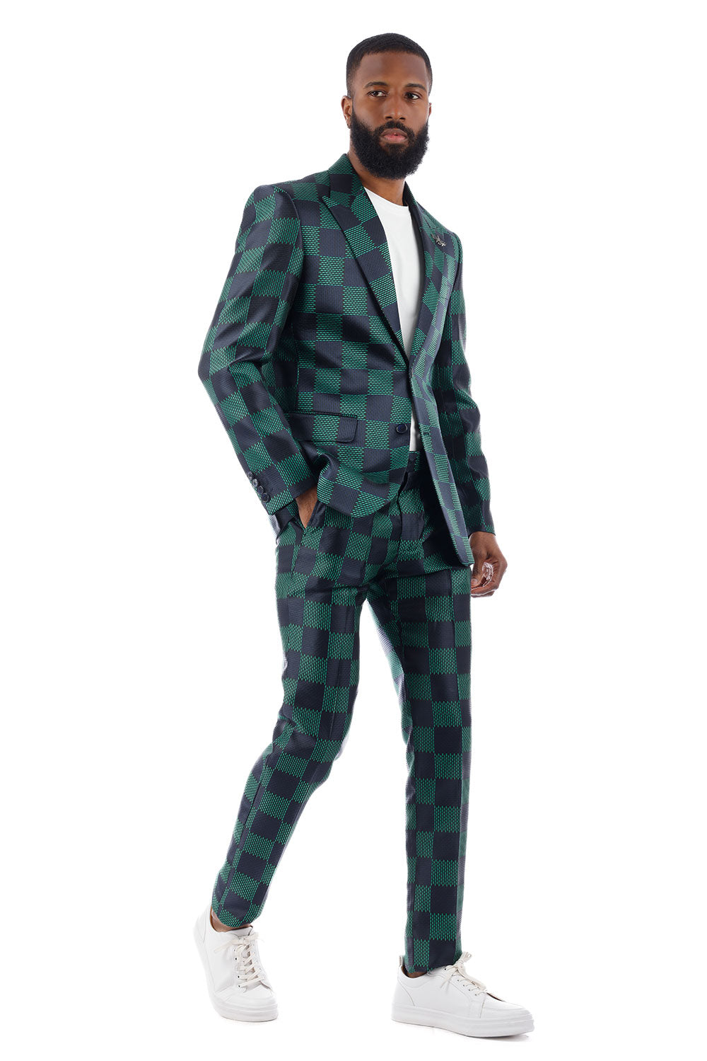 BARABAS Men's Checkered Pattern Peak Lapel Suit 4SU09 Navy Green