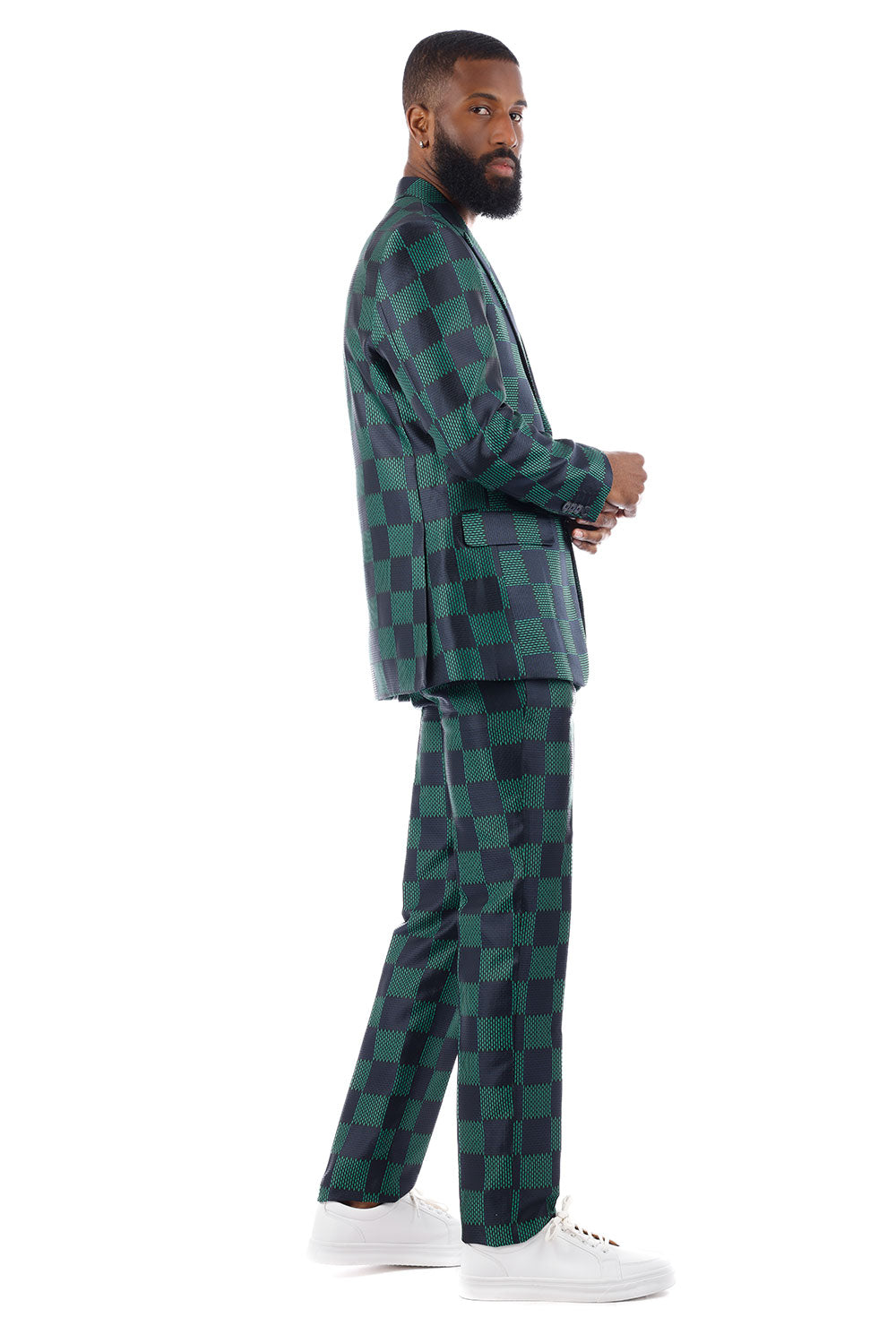 BARABAS Men's Checkered Pattern Peak Lapel Suit 4SU09 Navy Green