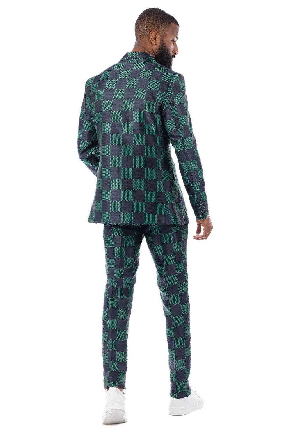 BARABAS Men's Checkered Pattern Peak Lapel Suit 4SU09 Navy Green