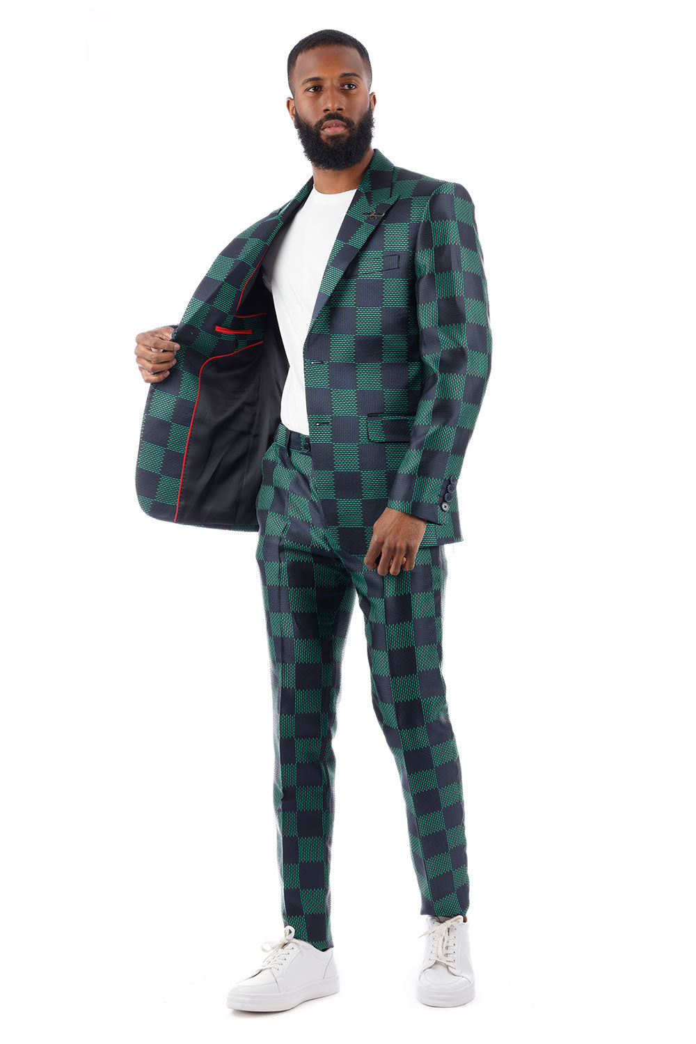 BARABAS Men's Checkered Pattern Peak Lapel Suit 4SU09 Navy Green