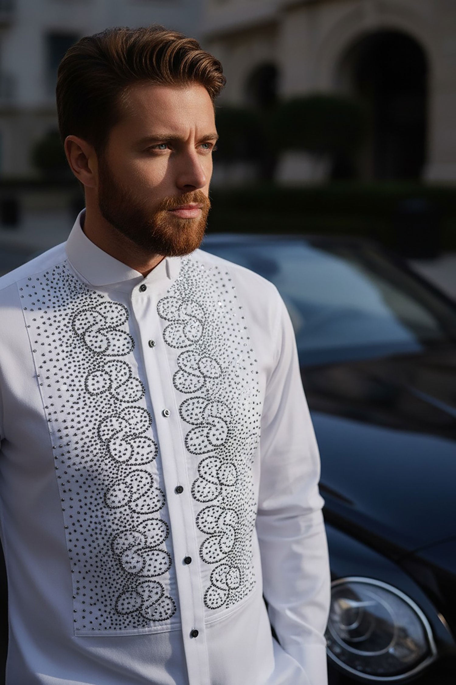 Barabas Men's Symmetrical Rhinestone Long Sleeve Shirt 4TXR07 White