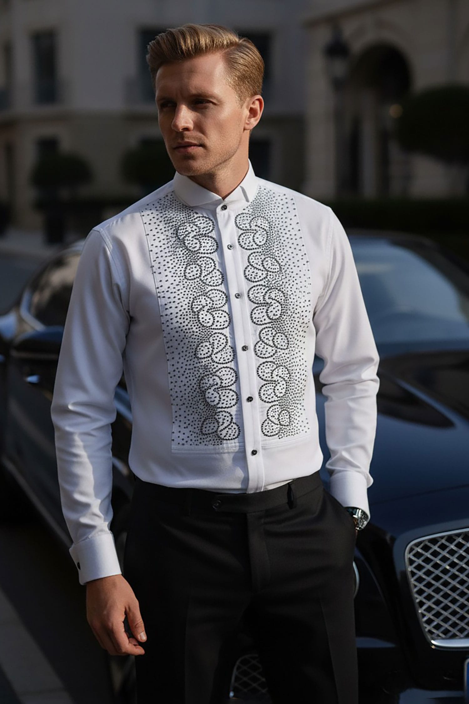 Barabas Men's Symmetrical Rhinestone Long Sleeve Shirt 4TXR07 White