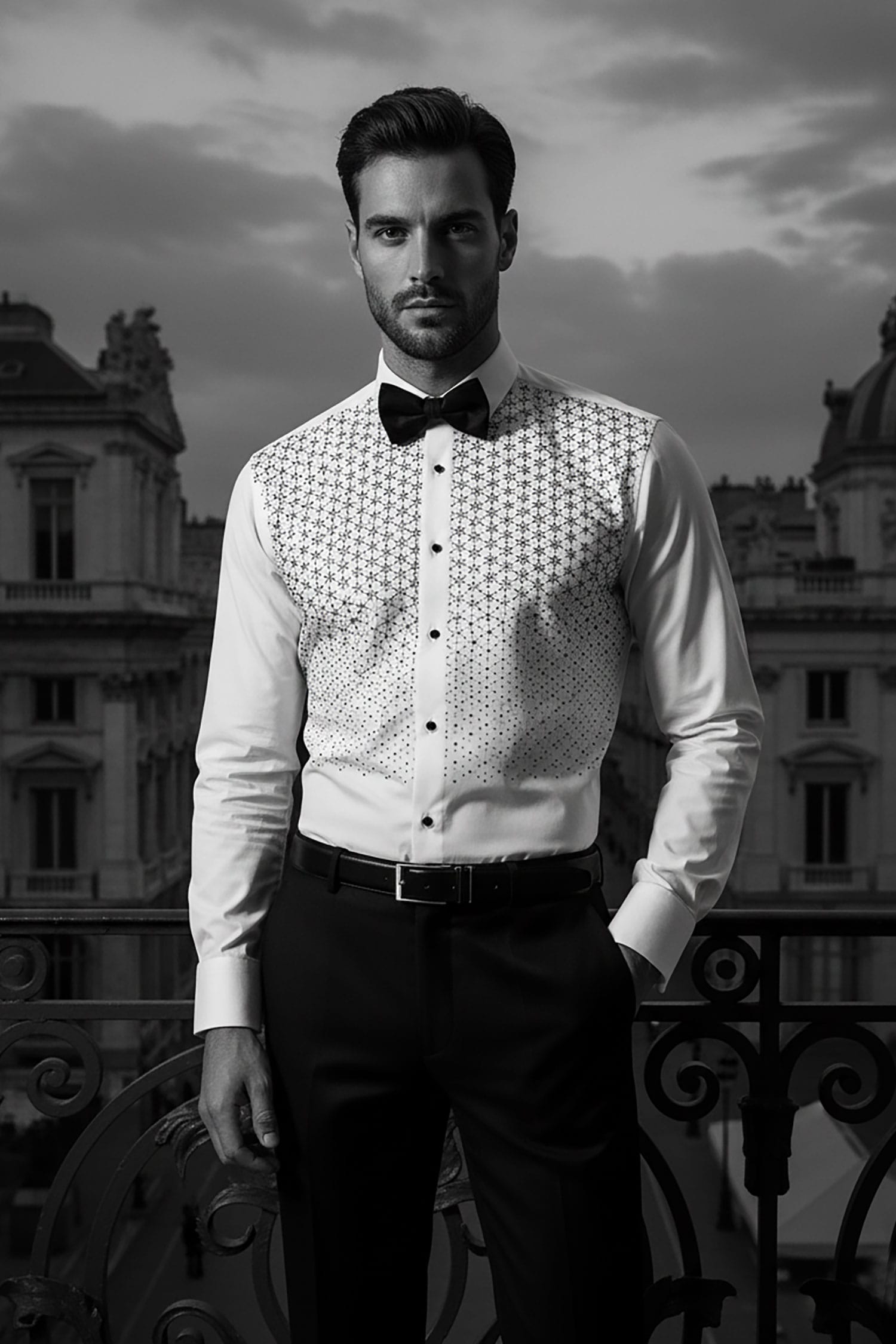 Barabas Men's Particle Rhinestone Tuxedo Long Sleeve Shirt 4TXR09 White
