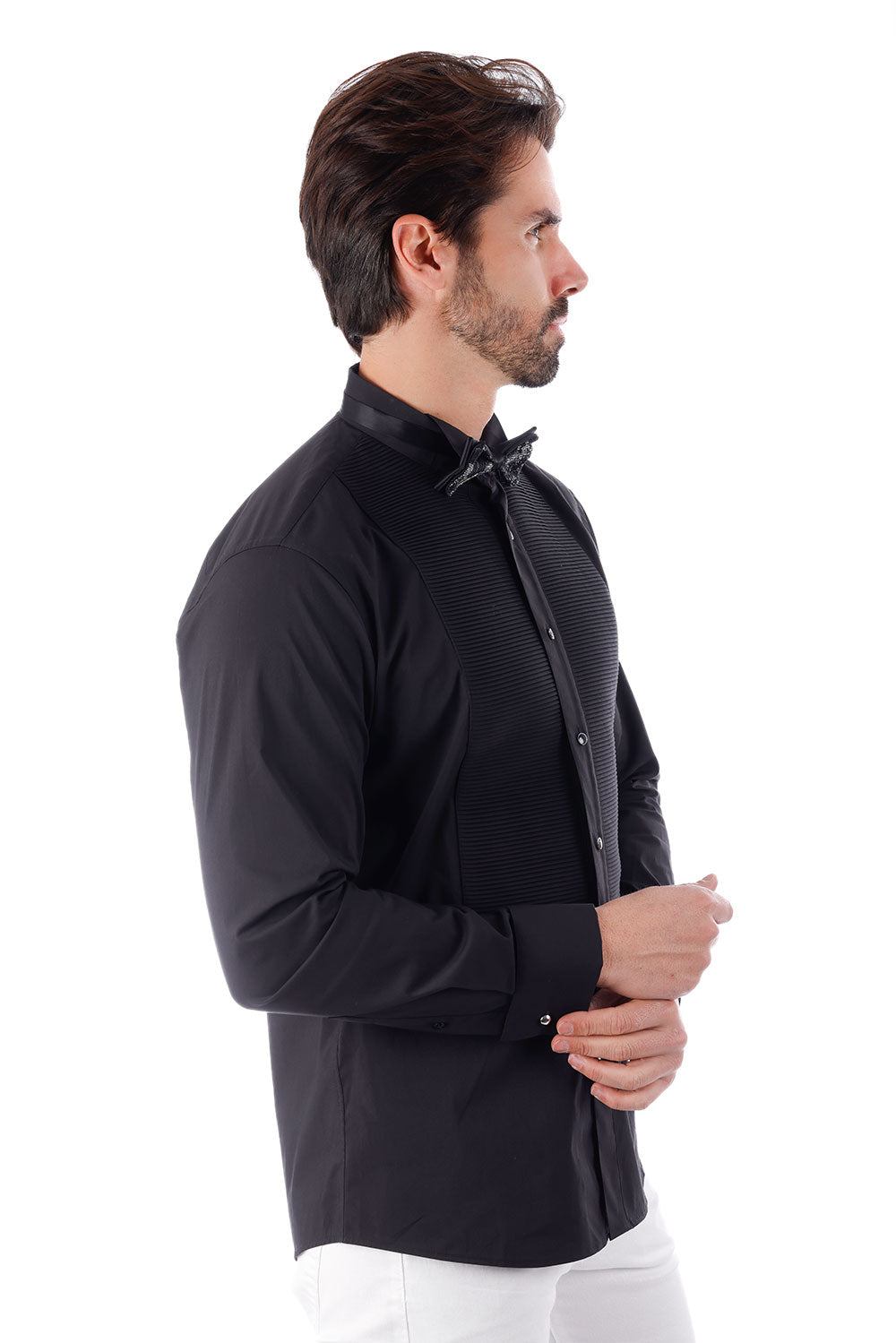 BARABAS Men's Solid Color Tuxedo Button Down Long Sleeve Shirt 4txs01 Black