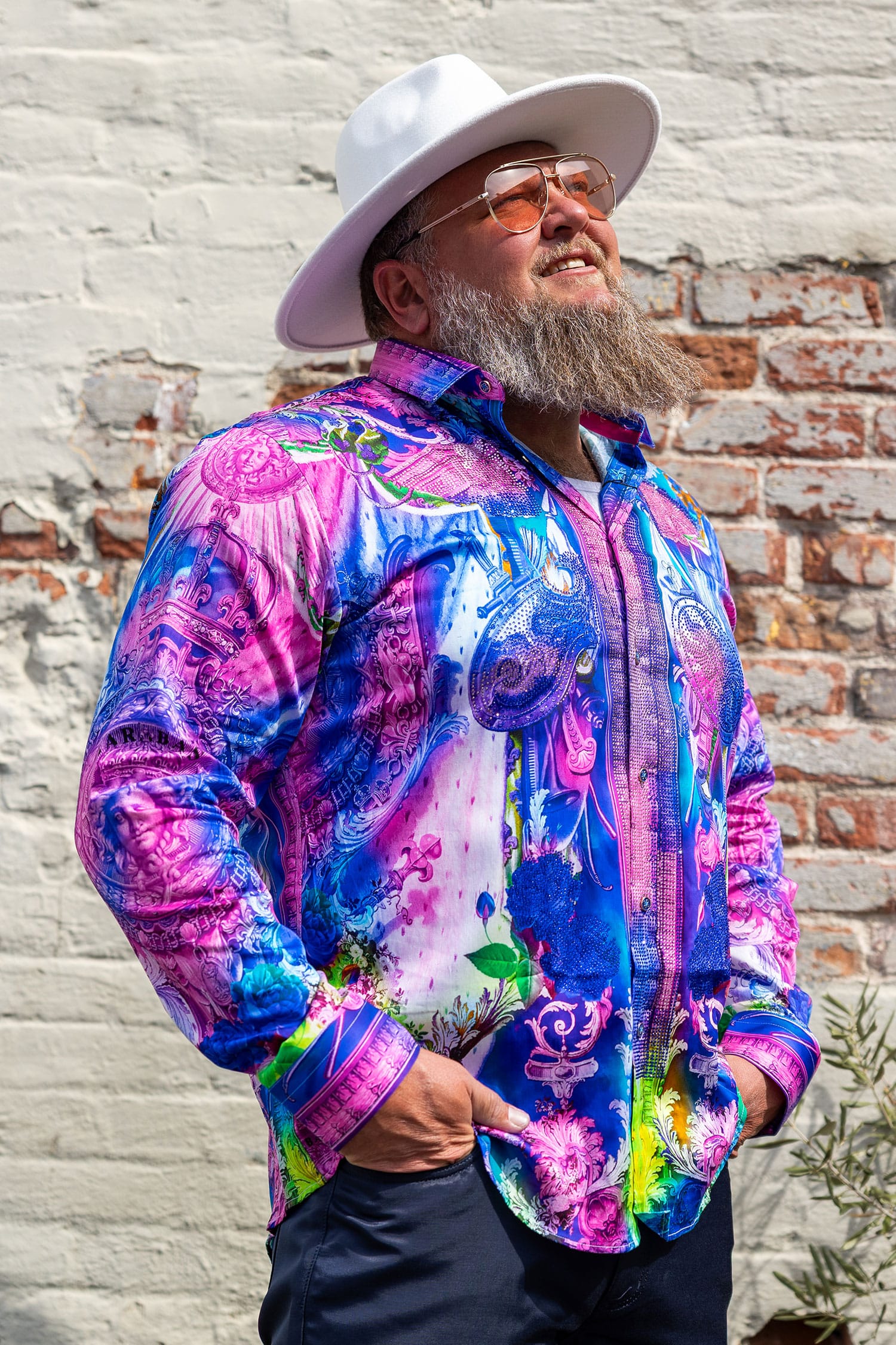 BARABAS Men's Rhinestone Medusa Floral Printed Baroque Shirt 2SPR222