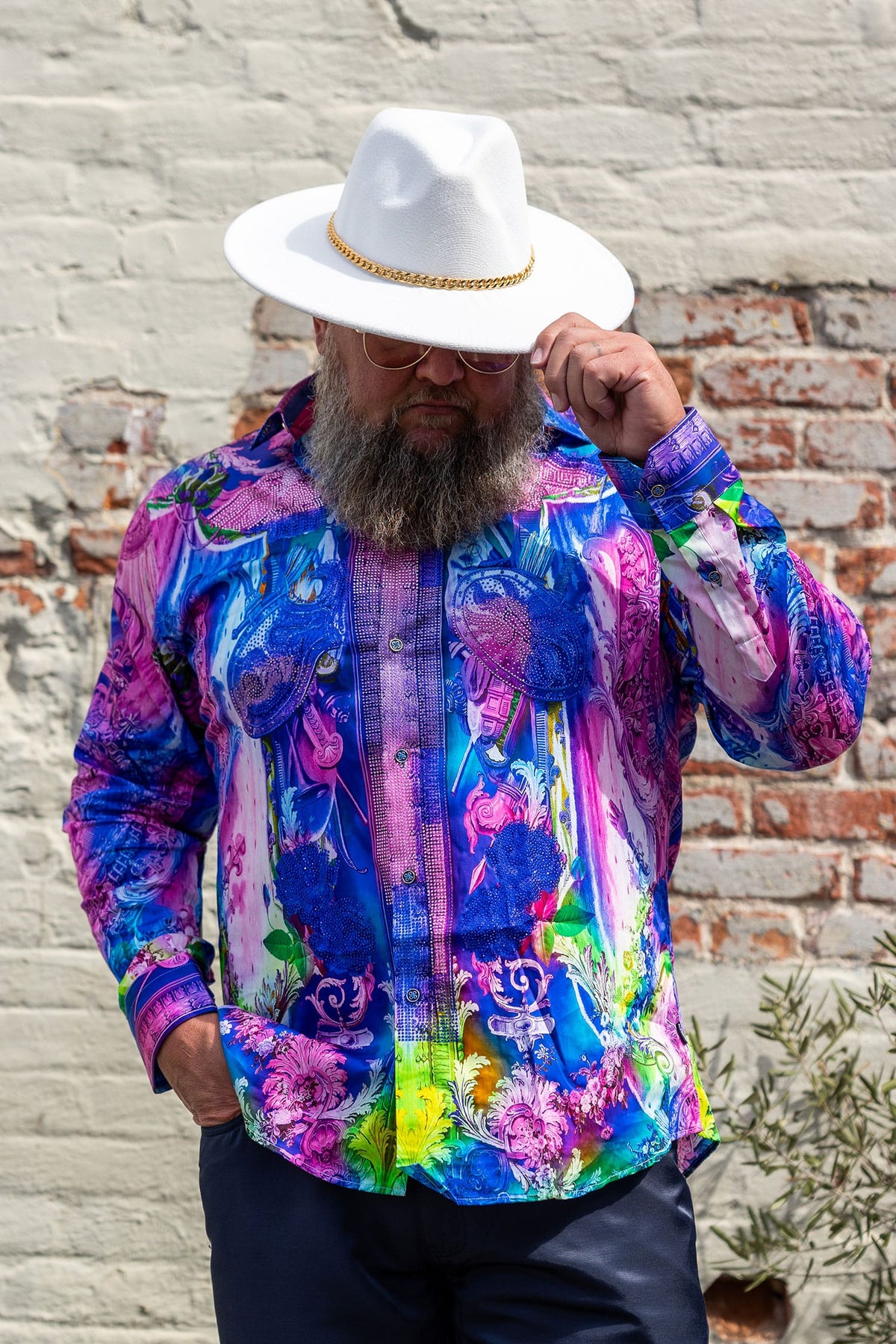 BARABAS Men's Rhinestone Medusa Floral Printed Baroque Shirt 2SPR222
