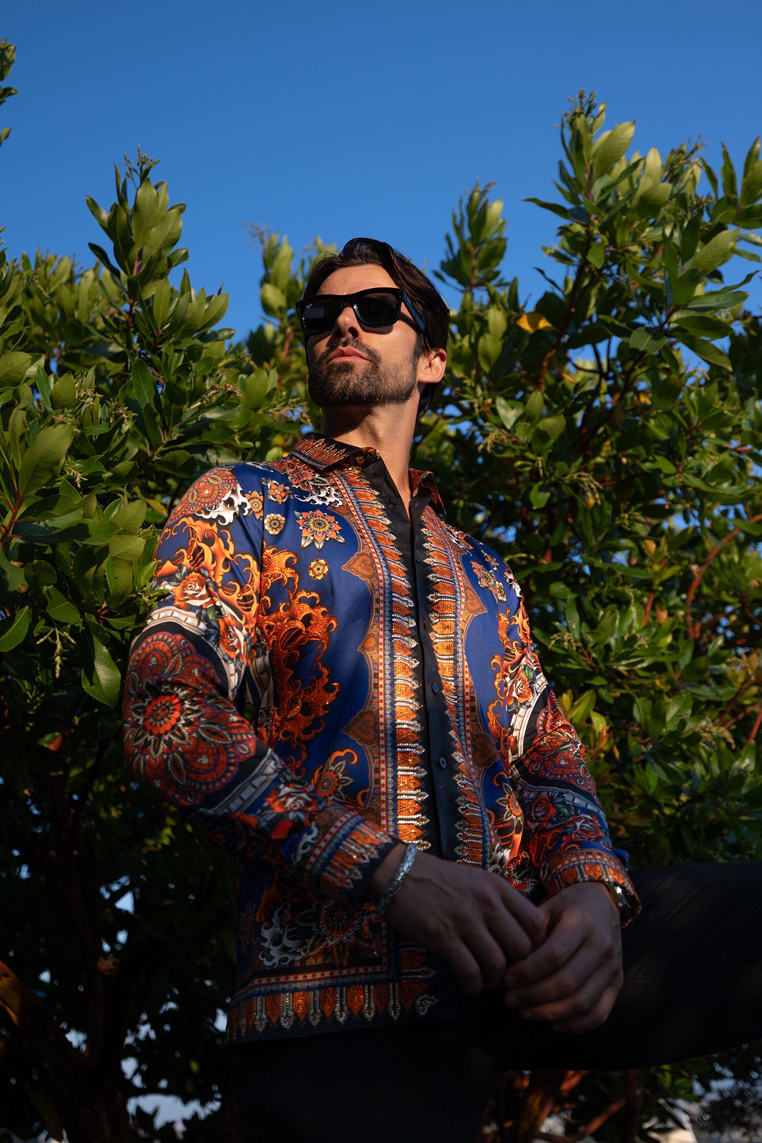 BARABAS Men's Rhinestone Floral Print Baroque Long Sleeve Shirts 3SPR413 Navy