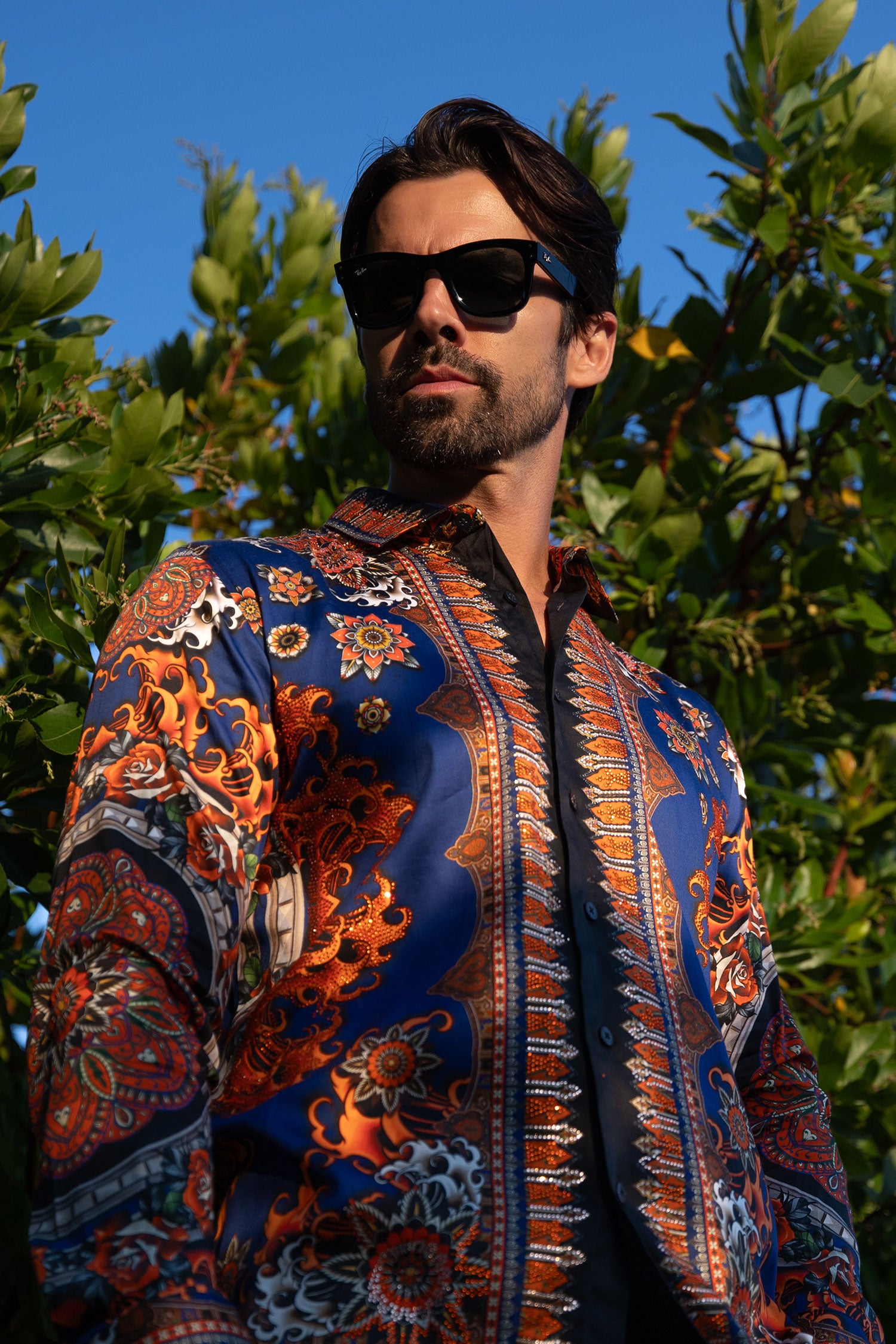 BARABAS Men's Rhinestone Floral Print Baroque Long Sleeve Shirts 3SPR413 Navy