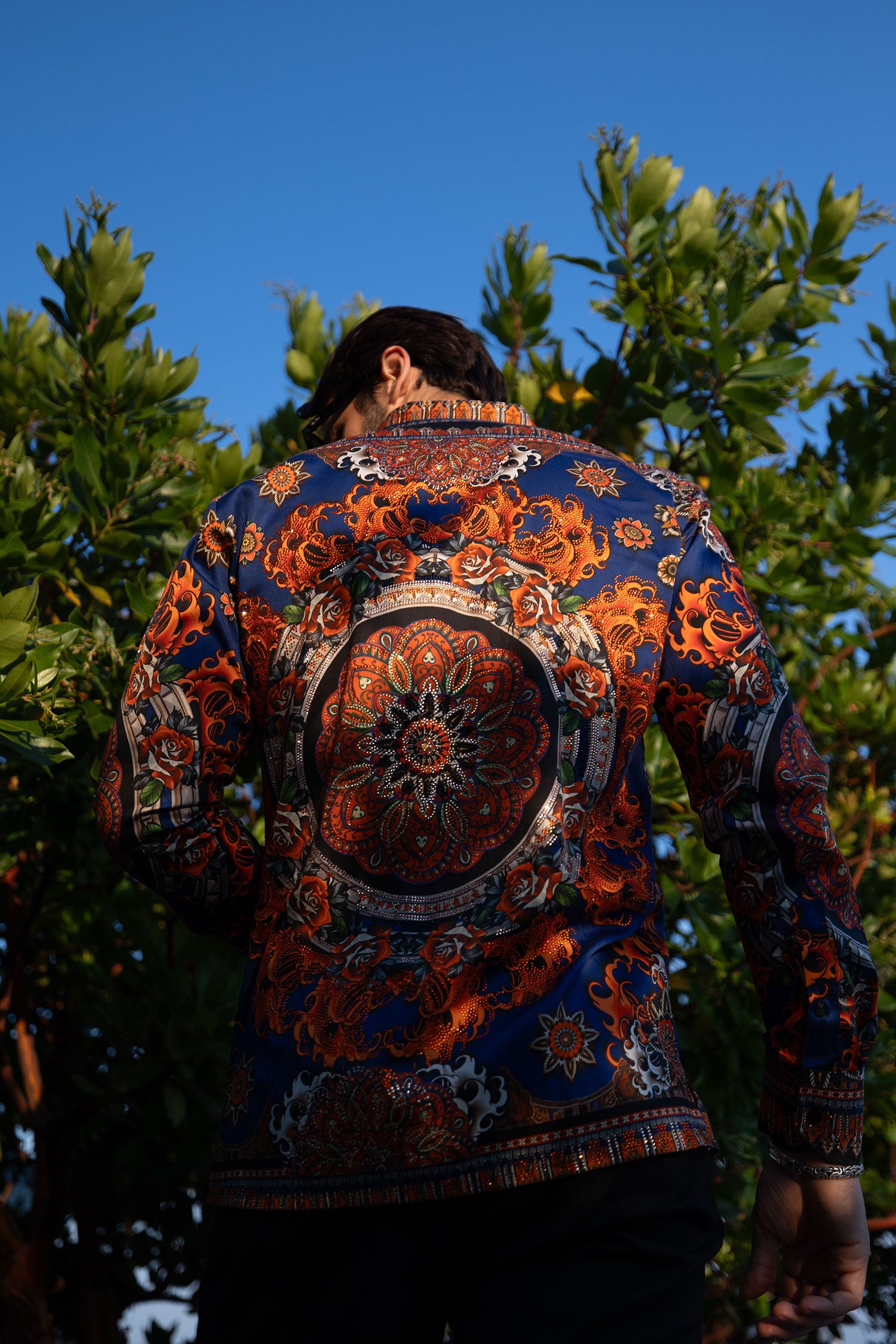 BARABAS Men's Rhinestone Floral Print Baroque Long Sleeve Shirts 3SPR413 Navy