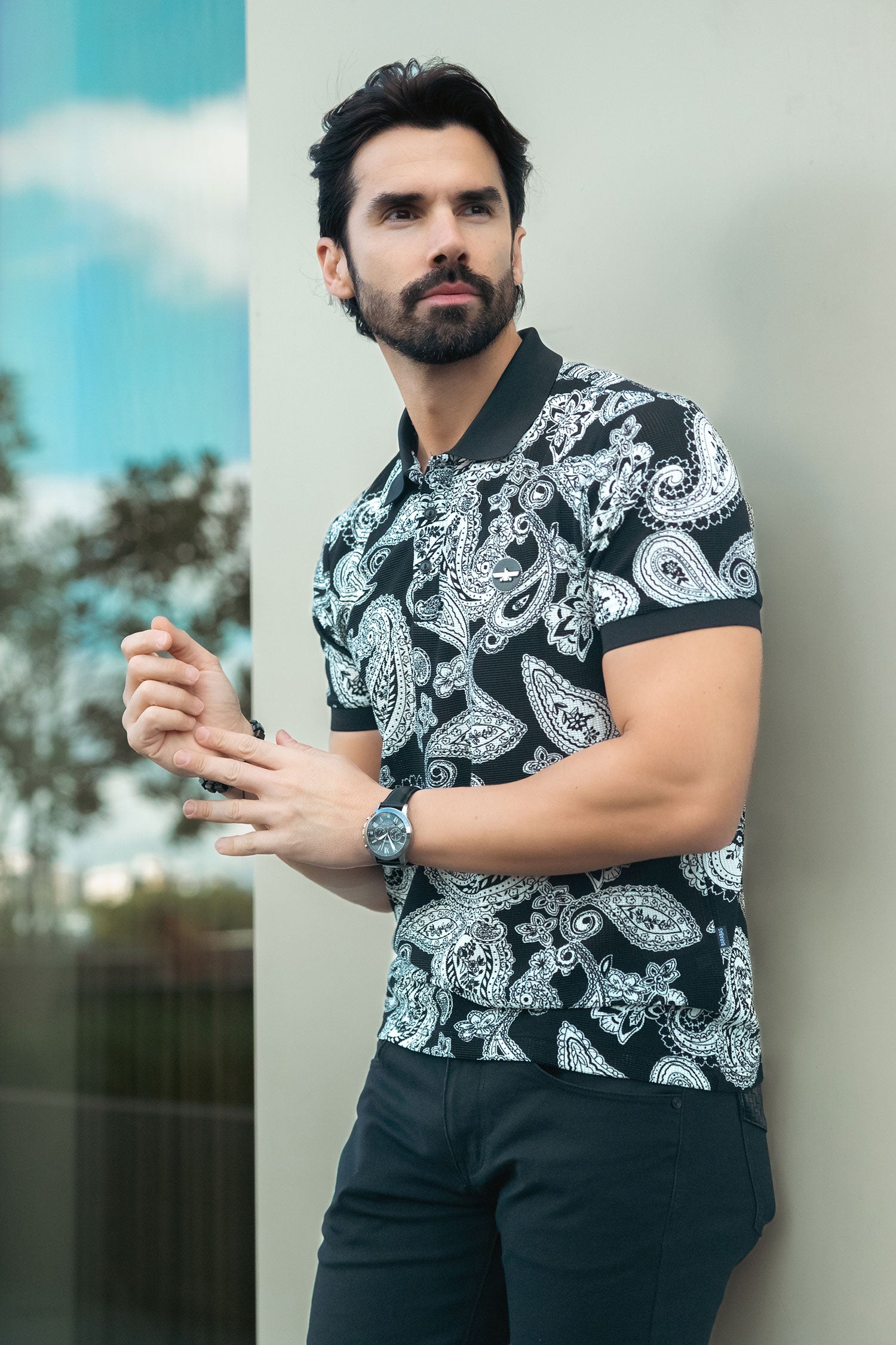 Barabas Men's Solid Color Paisley Pattern Stretch Polo Shirts 5P06 Cream White