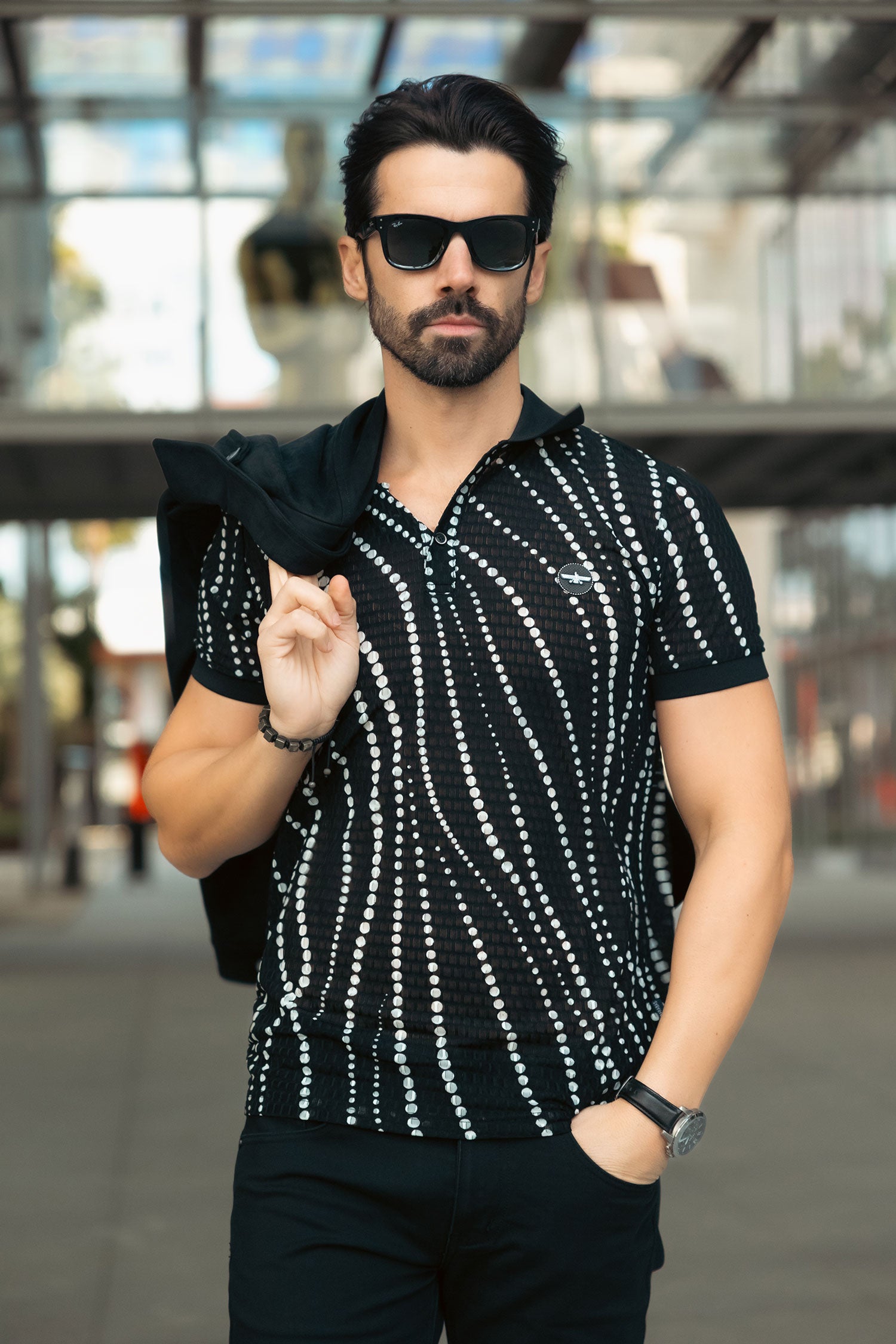 Barabas Men's Polka Dots Stretch See Through Polo Shirts 5P08 Black