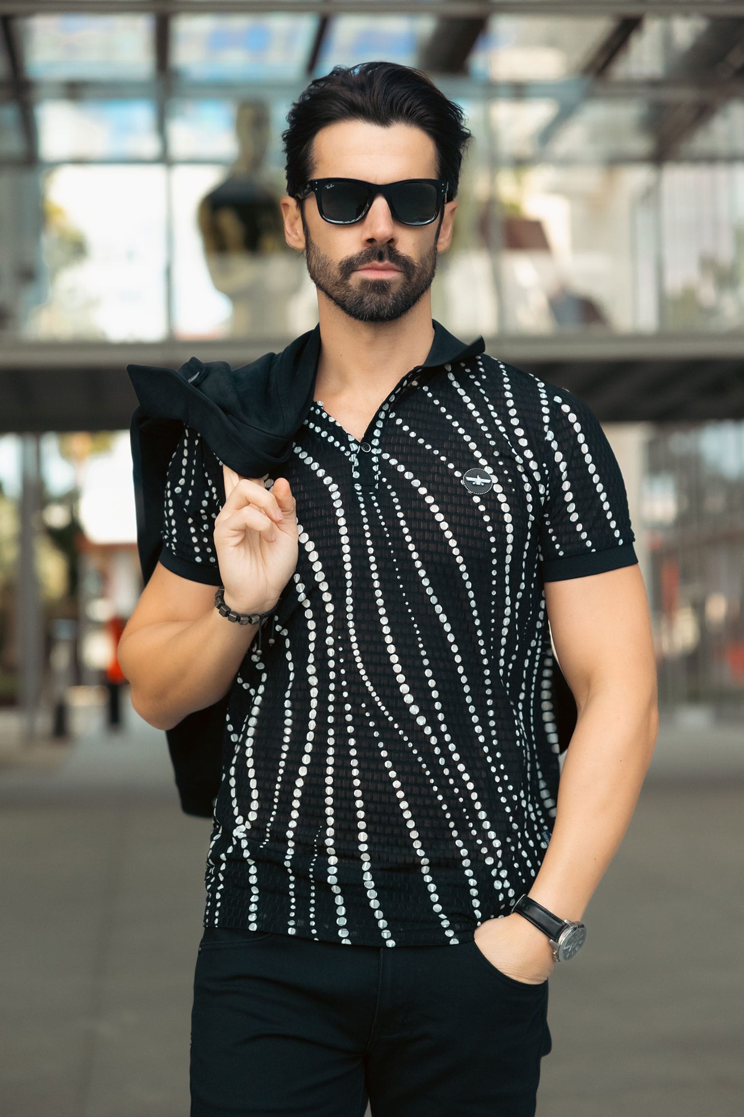 Barabas Men's Polka Dots Stretch See Through Polo Shirts 5P08 Black